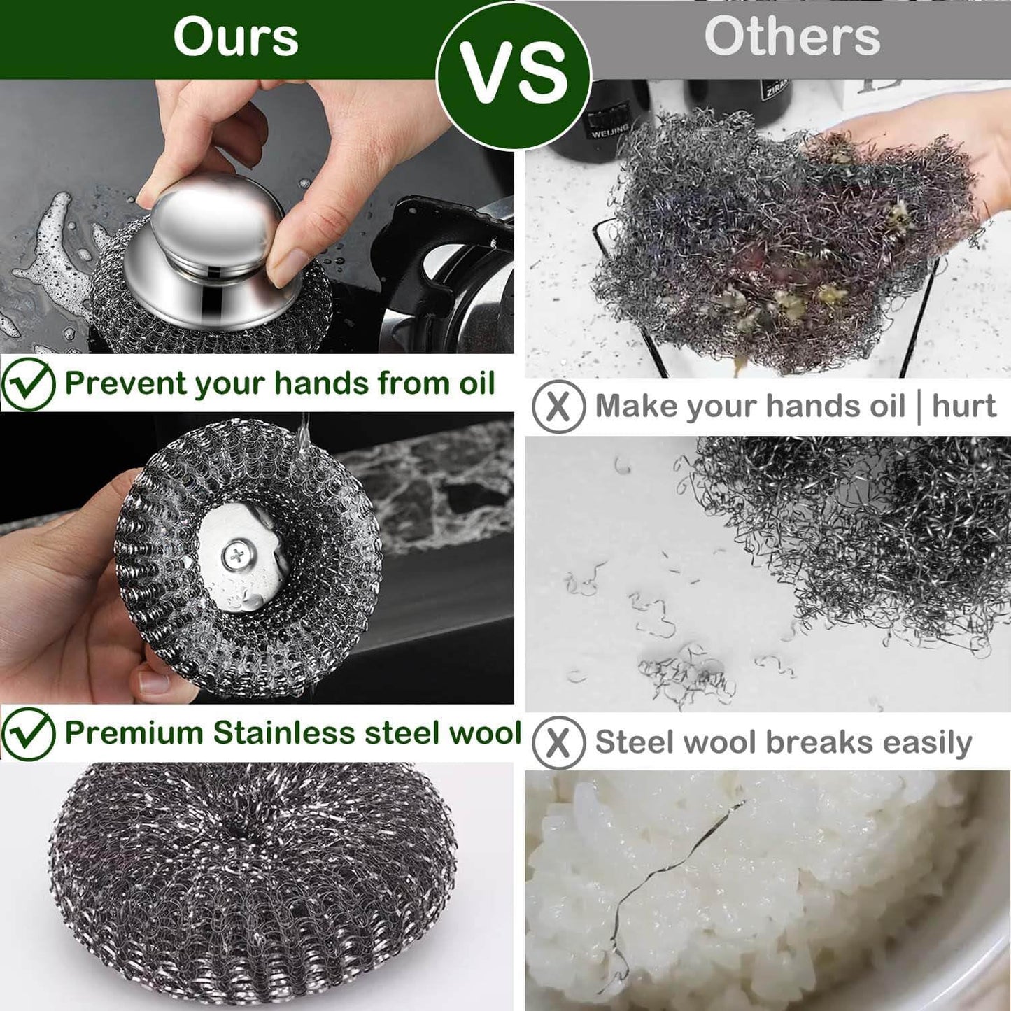 Steel Wool Scrubber with 2 Handles & 3 Replacement Wire Sponge(Scouring Pads) - Stainless Metal Cleaner Heavy Duty Brush for Pots, Pans, Cast Iron, Grill, Sink, Dishes, Stove, Kitchen Deep Clean