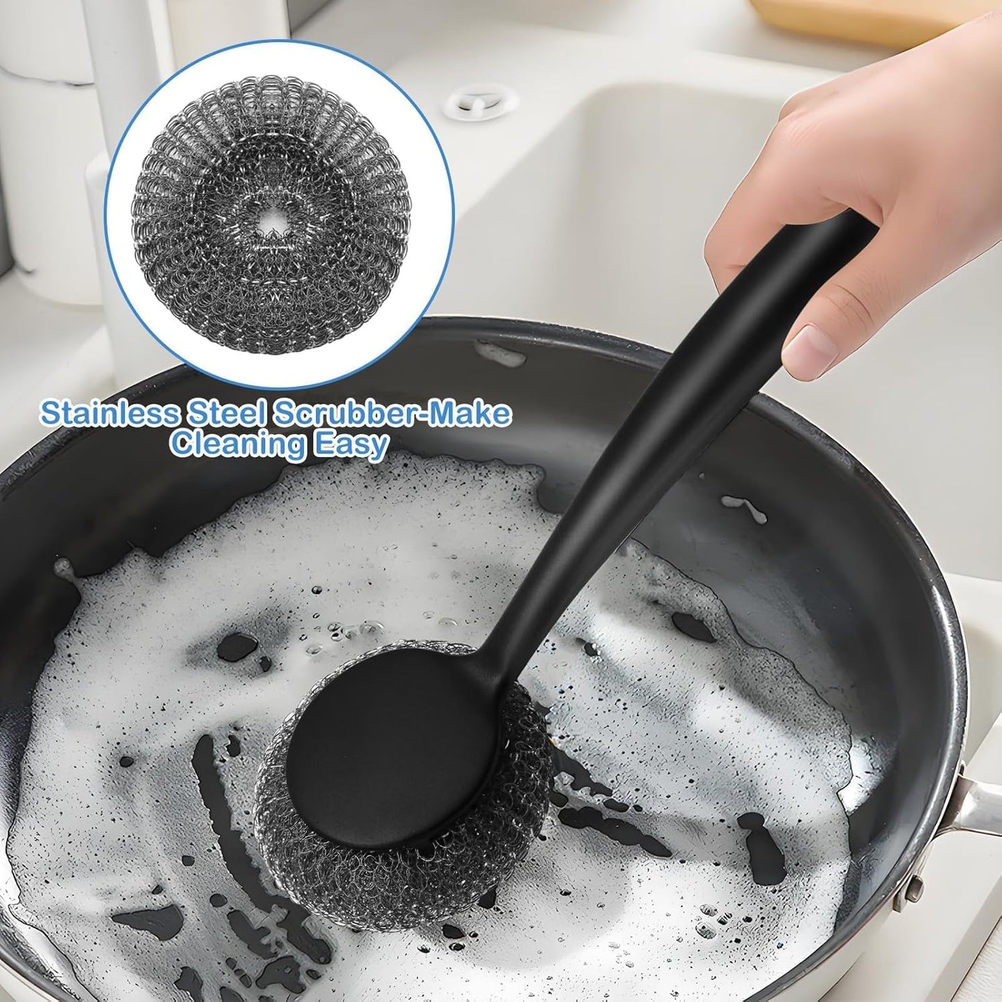 Scrubber with Handle Comes with Three Replacement Balls Steel Wool, Short Handle Scrubber, Steel Wool Scrubber Supplies Dish Scrubber, Stainless Steel Scrubber Tool Metal Scrubber for Dishes