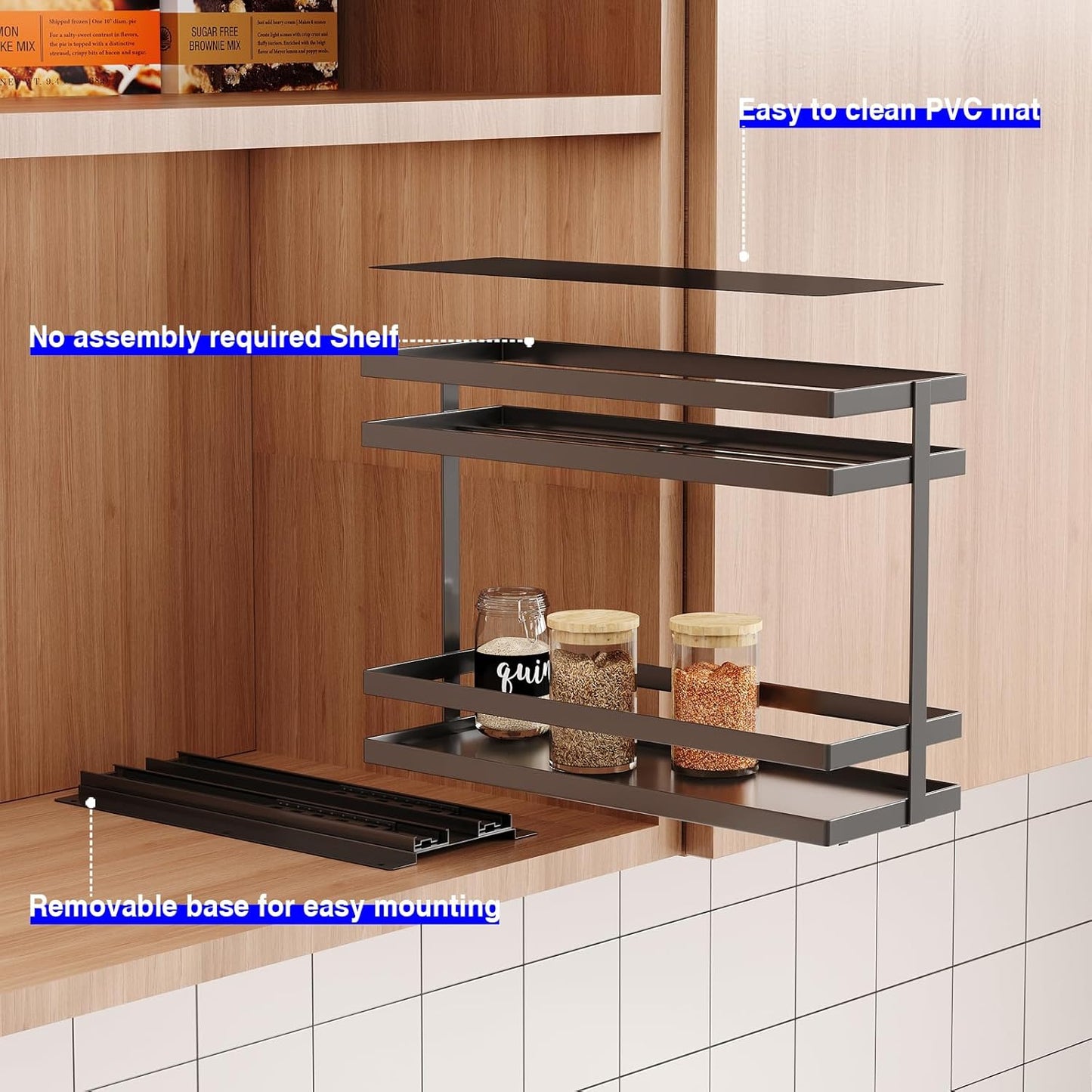 2 Pack Pull Out Spice Rack Organizer for Cabinet, 2 Tier Metal Slide Out Seasoning Organizer and Storage Heavy Duty Vertical Spice Rack Shelf Pullout for Kitchen Cabinets No Drilling (Black)