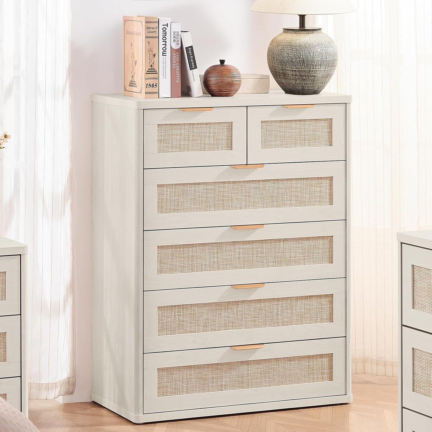 LEYAOYAO White Dresser for Bedroom Set of 2, 42" Tall Chest of Drawers, Modern 6 Drawers Boho Rattan Dressers with Storage, Dresser Wooden Closet Organizer for Living Room, Hallway