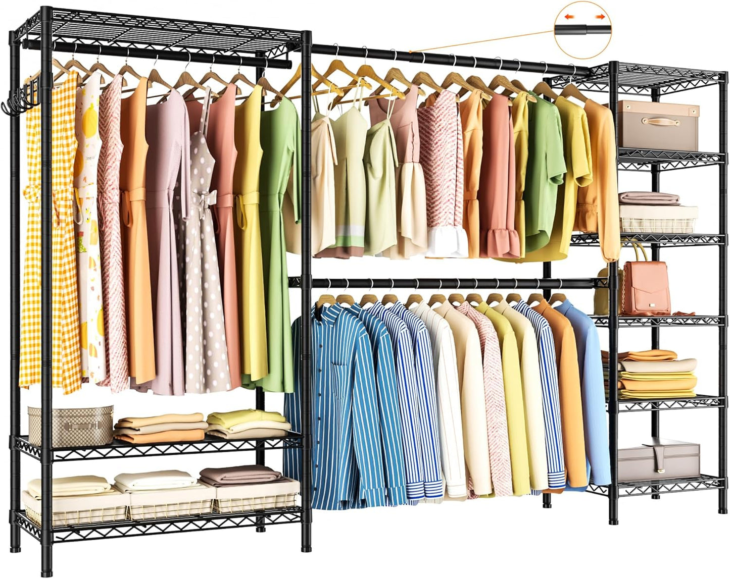 Expandable Heavy Duty Garment Rack Clothes Rack,Large Metal Closet Organizer System Storage Wardrobe,Freestanding Clothing Rack with 9 Adjustable Wire Shelves&3 Hang Rods,MaxLoad 1500lbs