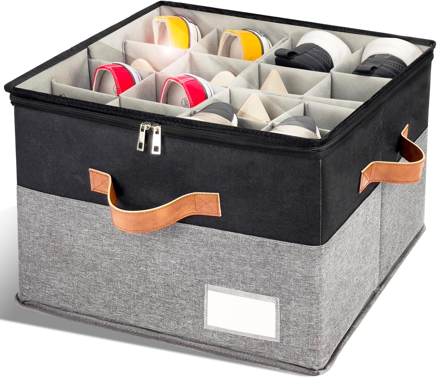 Shoe Organizer for Closet, Foldable Shoe Storage Bins with Clear Cover, Space Saving Shoes Holder with 4 Handles, Large Adjustable Shoe Box Storage Containers, Fits 8-16 Pairs, 1 Pack, Black