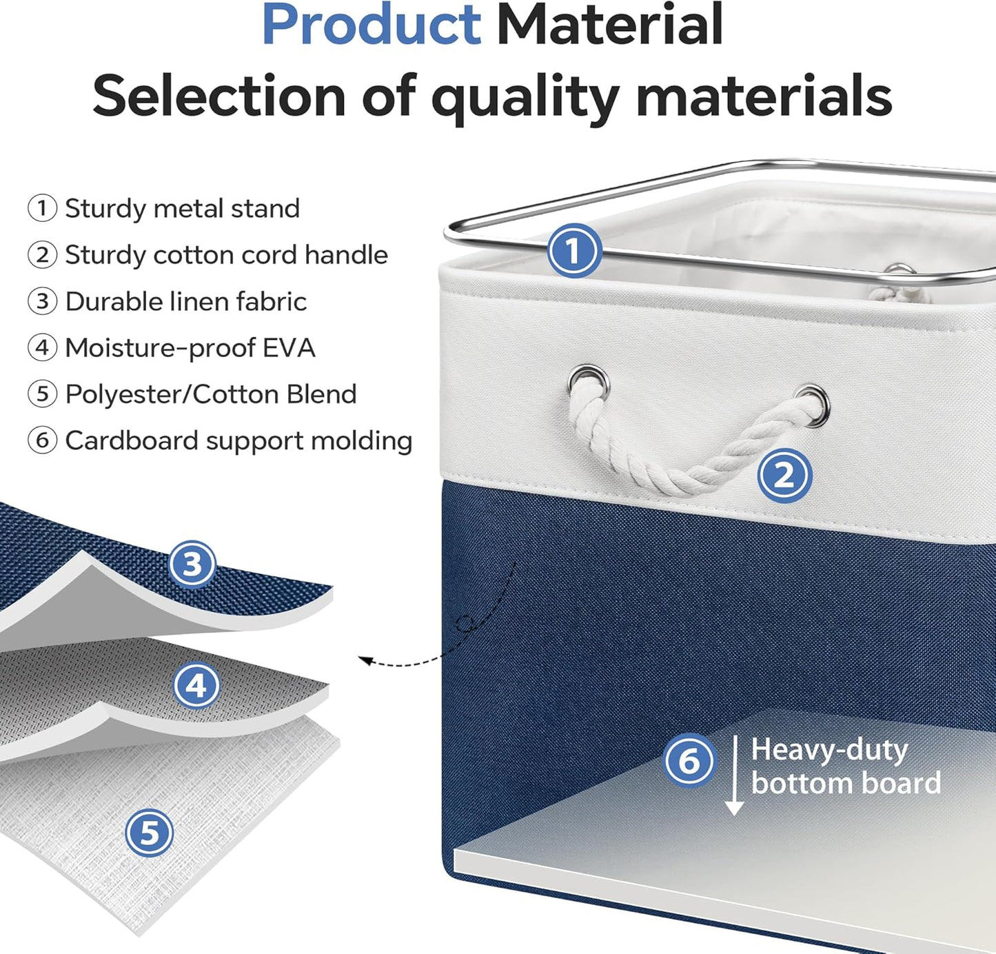 13x13 Inch Cube Storage Bins with Reinforced Bottom Cardboard, 6 Pack Large Collapsible Fabric Storage Cubes with Handles for Shelf, Closet, Toy, Laundry Organization (White&Navy Blue)