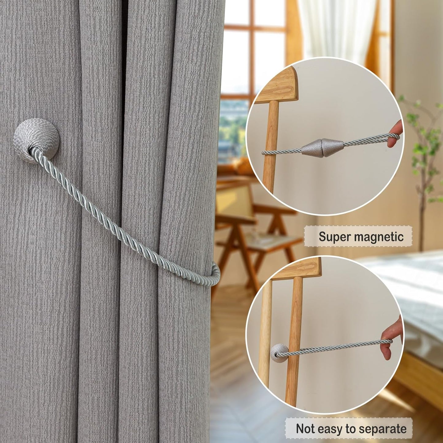 Magnetic Curtain Tiebacks 6 Pack Outdoor Rope Curtain Tie Backs Decorative Window Treatment Holdbacks for Home Decorative Curtain, Grey