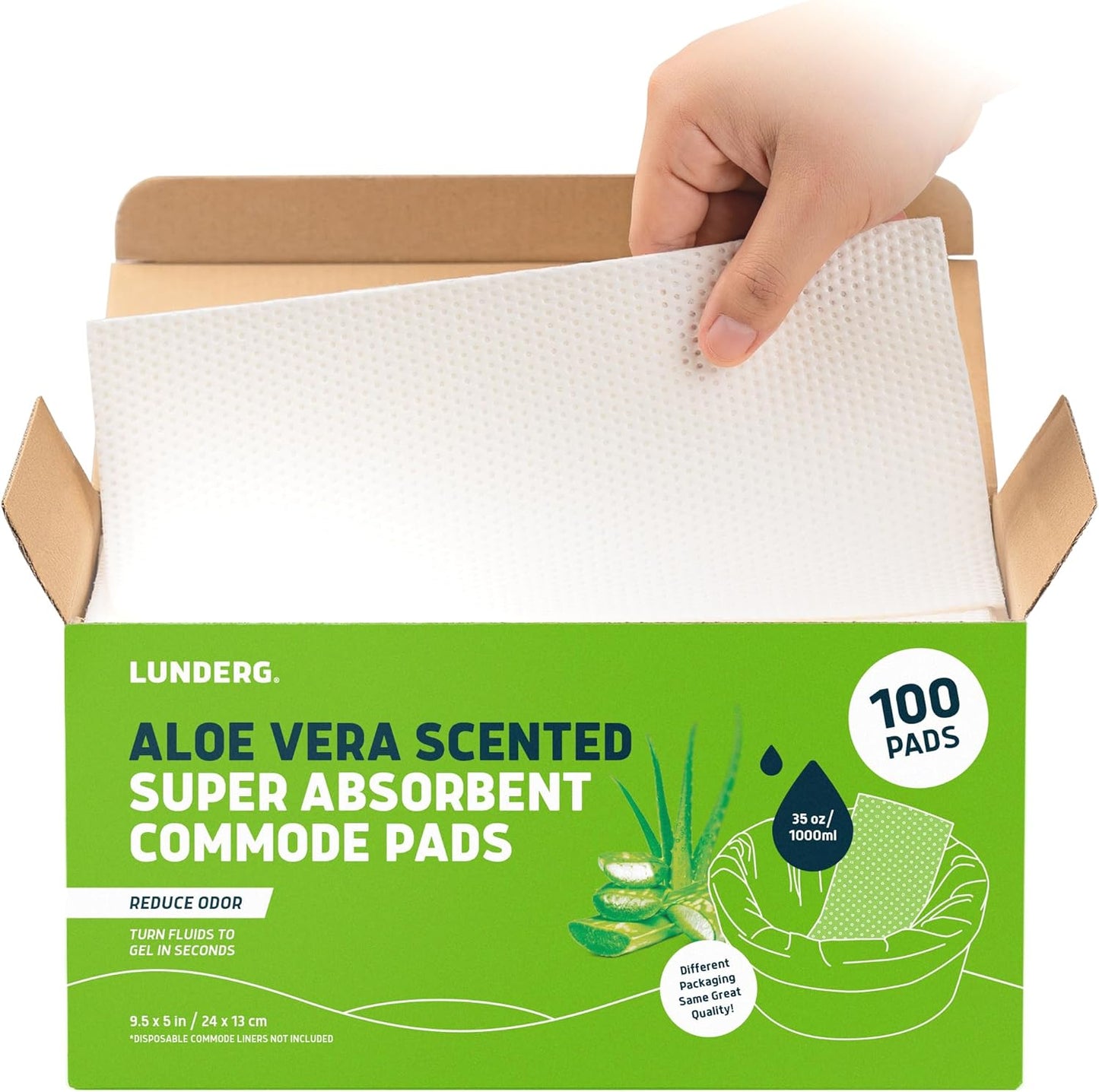 Lunderg Aloe Scented Super Absorbent Commode Pads - Medical Grade Value Pack 100 Count - for Disposable Bedside Commode Liners, Adult Chairs, Portable Buckets & Camping Toilet Bags - Light Scent