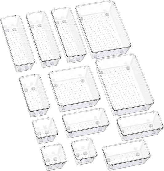 SMARTAKE 13-Piece Drawer Organizers with Non-Slip Silicone Pads, 5-Size Desk Bathroom Drawer Organizer Trays Storage Tray for Makeup, Jewelries, Utensils in Bedroom Dresser, Office and Kitchen, Clear