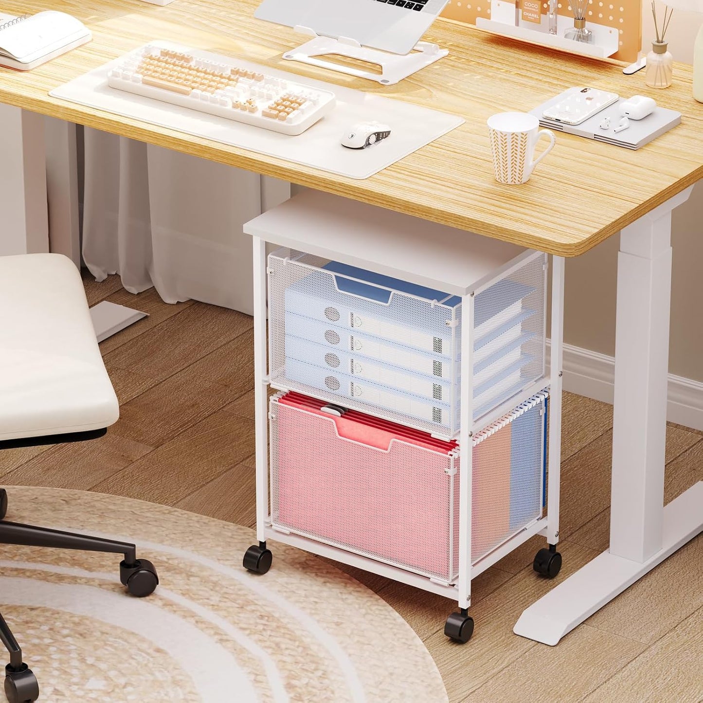 Letter/Legal Rolling File Cabinet, Rolling File Cart with 2 Drawers Filing Cabinet for Home Office, Hanging File Folders Organizer for Under Desk Storage, Mobile Printer Stand, White