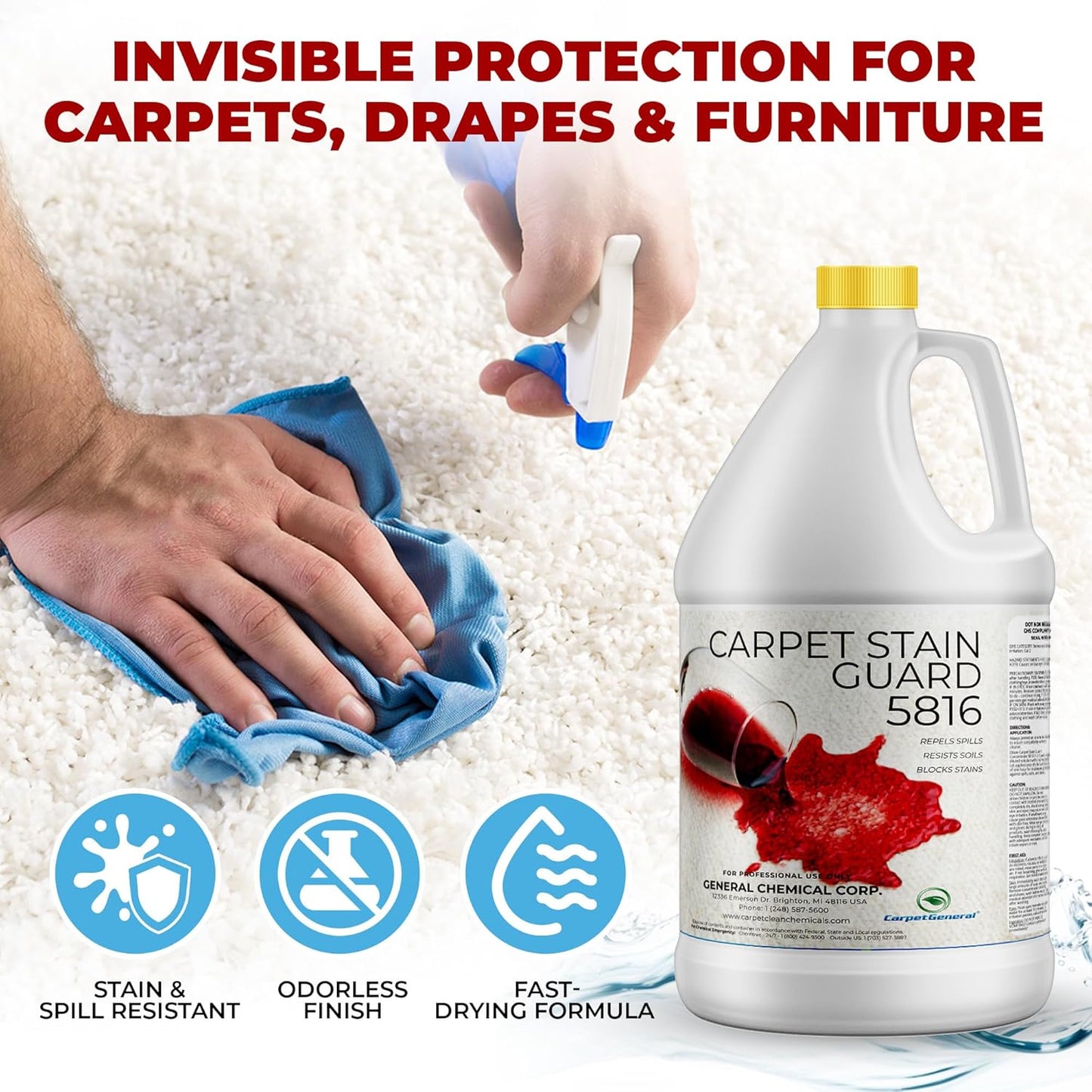 General Chemical Stain Shield Spray - Safe Fabric Protector Spritz and Stain Guard 5816 for Upholstery, Carpets, Rugs, Drapes & More - Impermeable Protectant Spray for Outdoor & Indoor Use -4 Gal Case