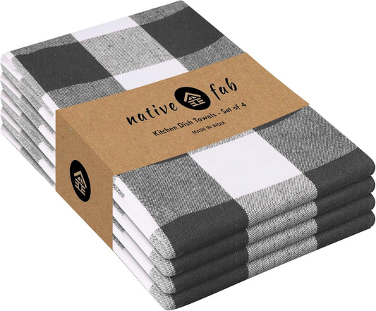 Native Fab 4-Pack Kitchen Towel with Hanging Loop 16x26 inches, Cotton Buffalo Check Kitchen Towels for Cleaning Drying, Washcloths Soft & Absorbent Cloth Rags, Bar Towel, Dish Cloth, Grey