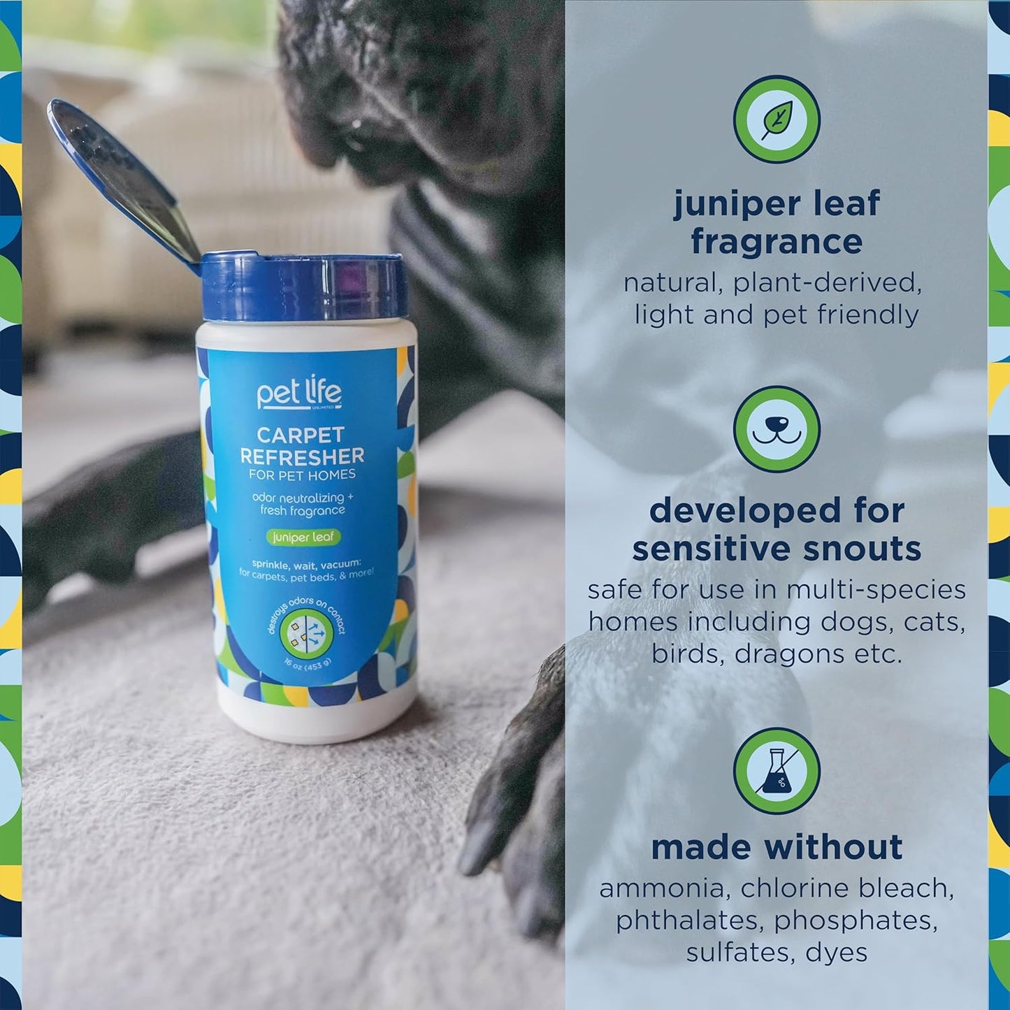 Pet Life Unlimited Carpet Refresher & Deodorizer Powder - Pet Safe, Plant Based Juniper Leaf Scent, Made in USA - 16oz (Pack of 1)