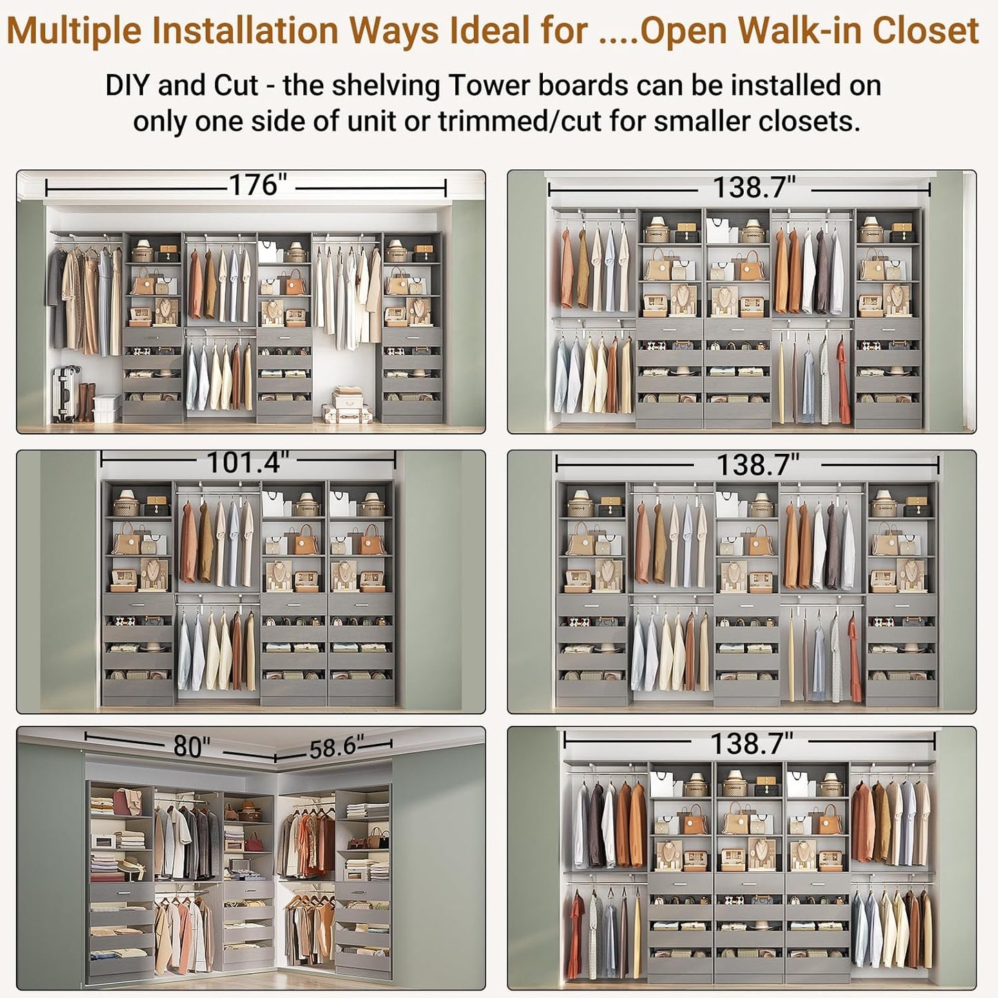 Aheaplus Closet System Set of 3, 138.5" Wood Closet Organizer System Tower with 12 Drawers & 4 Hanging Rods, 6.7+4.85Ft L Shaped Walk-in Closets Wardrobe Organizer Garment Rack with Shelves, Grey