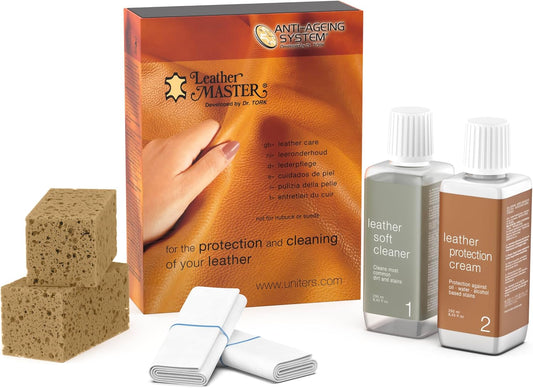 Leather Master Leather Care Kit | Leather Cleaner and Conditioner Kit | Cleans & Restores Car Seats, Furniture, Purses, Jackets | Includes Leather Cleaner, Leather Conditioner, Sponge & Wipes