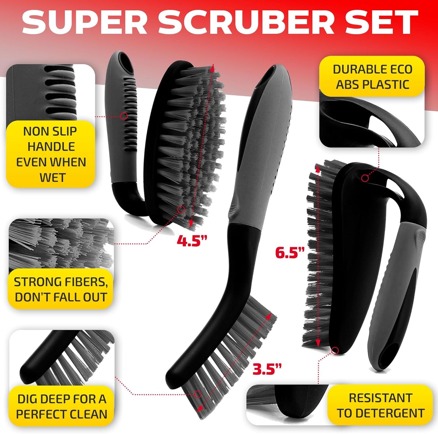 Scrub Brush Set of 6 pcs - Cleaning Shower Scrubbers with Squeegee for Shower Glass and Adhesive Wall Hooks Including Grout Cleaner Brush, Scrub Brushes for Cleaning Bathroom, Shower, Tile, Bathtub