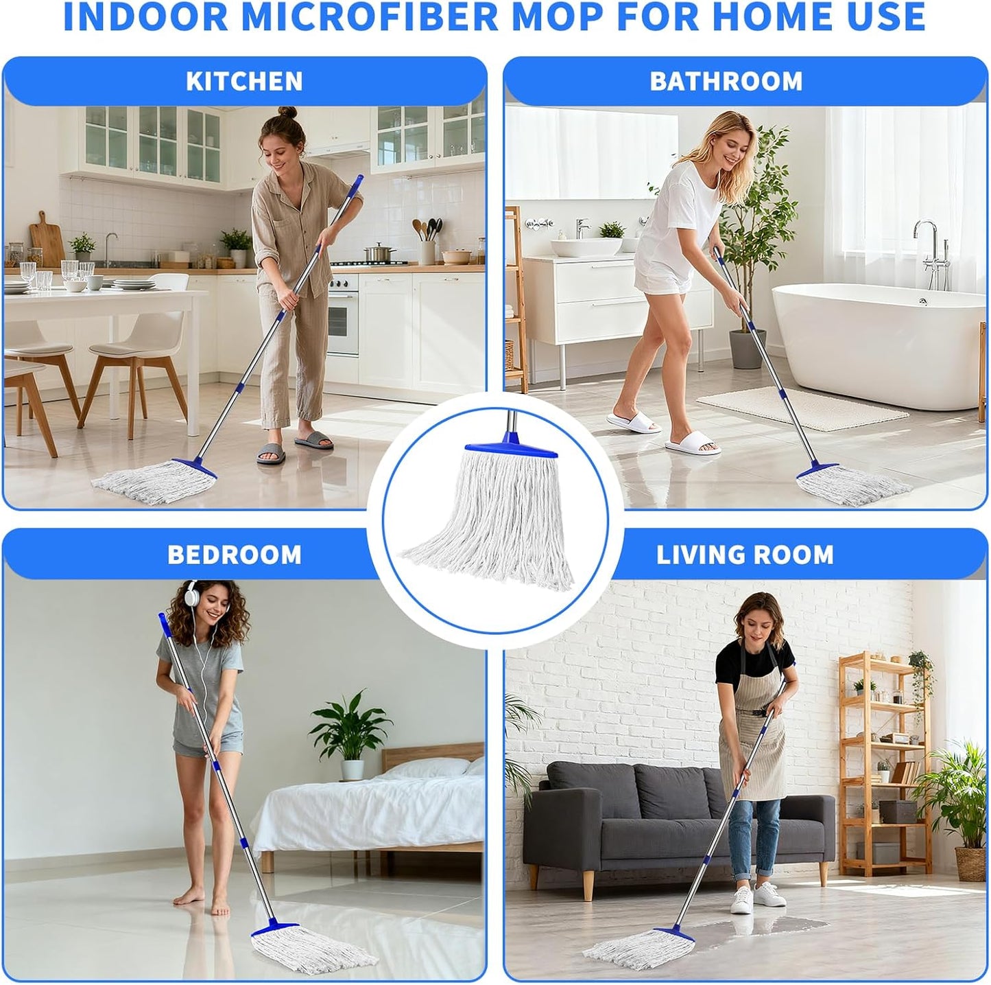 Indoor Cotton Mops for Floor Cleaning - Indoor Cleaning Mop for Wood Floors, Tile, Hardwood Floor, 52" Adjustable Stainless Steel Handle Mops to Clean Living Room, Kitchen,Bathroom. (White Blue)