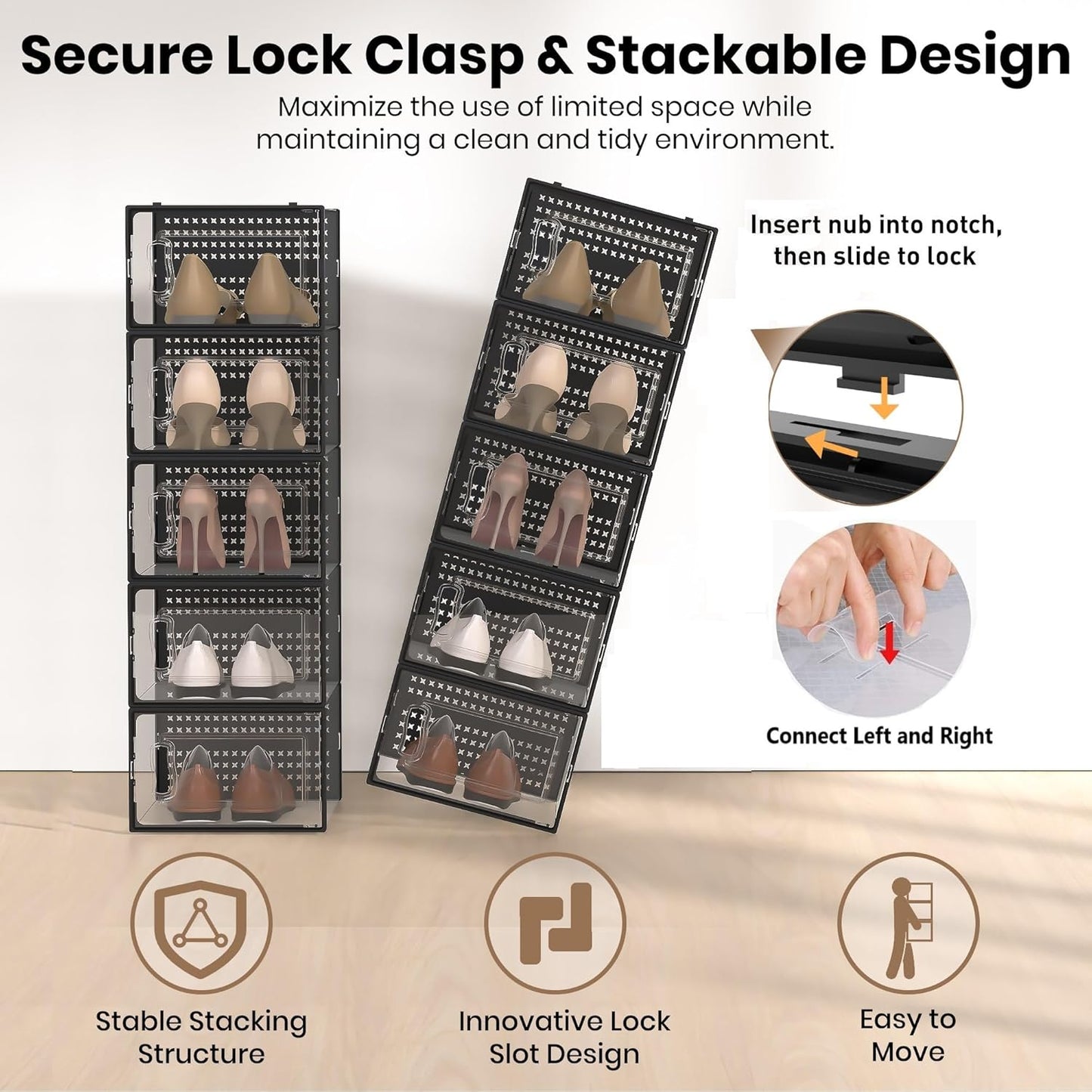 12 Pack XX-Large Modular Clear Plastic Stackable Shoe Storage Organizer for Closet, Space Saving Versatile Sneaker Shoe Rack Containers Bins Holders, Portable Closet Organizers and Storage, Black