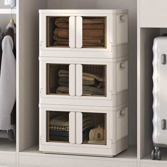 FLEXIMOUNTS 110 QT Stackable Storage Bins With Lids, Collapsible Plastic Storage Bins With Doors and Built-in Wheels For Home Dorm Closet Organizers and Storage, 3 Pack Cubes, Milky White