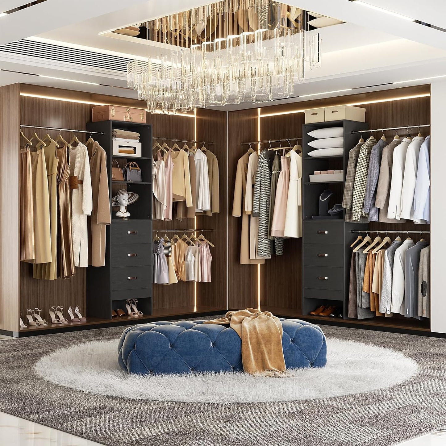 96'' Closet Organizer System with 3 Hanging Rods (Without 3 Storage Shelves), 8FT Closet Systems, Wall Mount Bedroom Wardrobe with 3 Wood Drawers, Adjustable Garment Rack from 5 to 8FT, Black