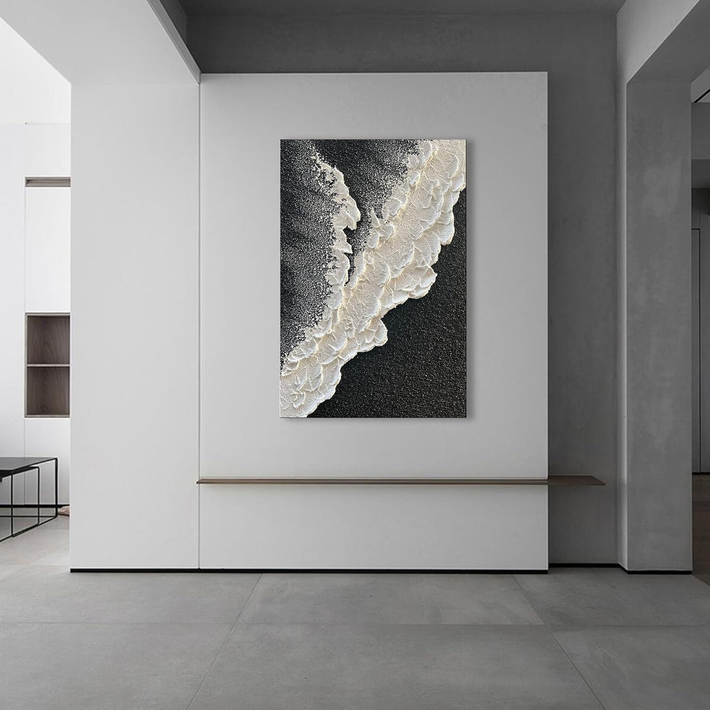 NANKAI Handcrafted Thick Texture Black and White Abstract Canvas Art Ocean Wave Beach Landscape Oil Painting Home Wall Art Deco Oil Painting 24X36 Inches