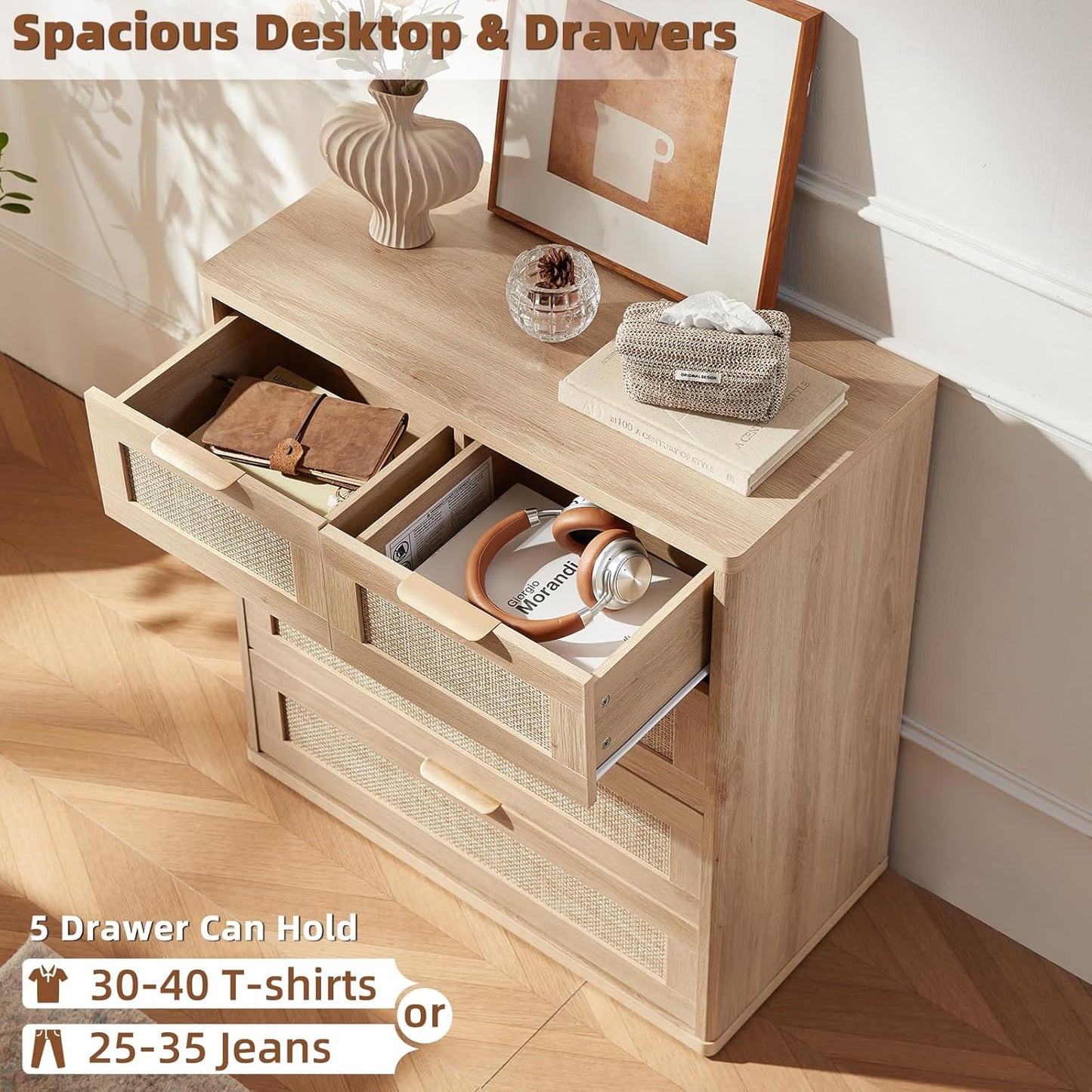 LEYAOYAO Rattan Dresser for Bedroom Set of 2, 33.5" Tall Chest of Drawers, Modern 5 Drawers Boho Dressers with Storage, Light Oak Dresser Wooden Closet Organizer for Living Room, Hallway, Natural Wood