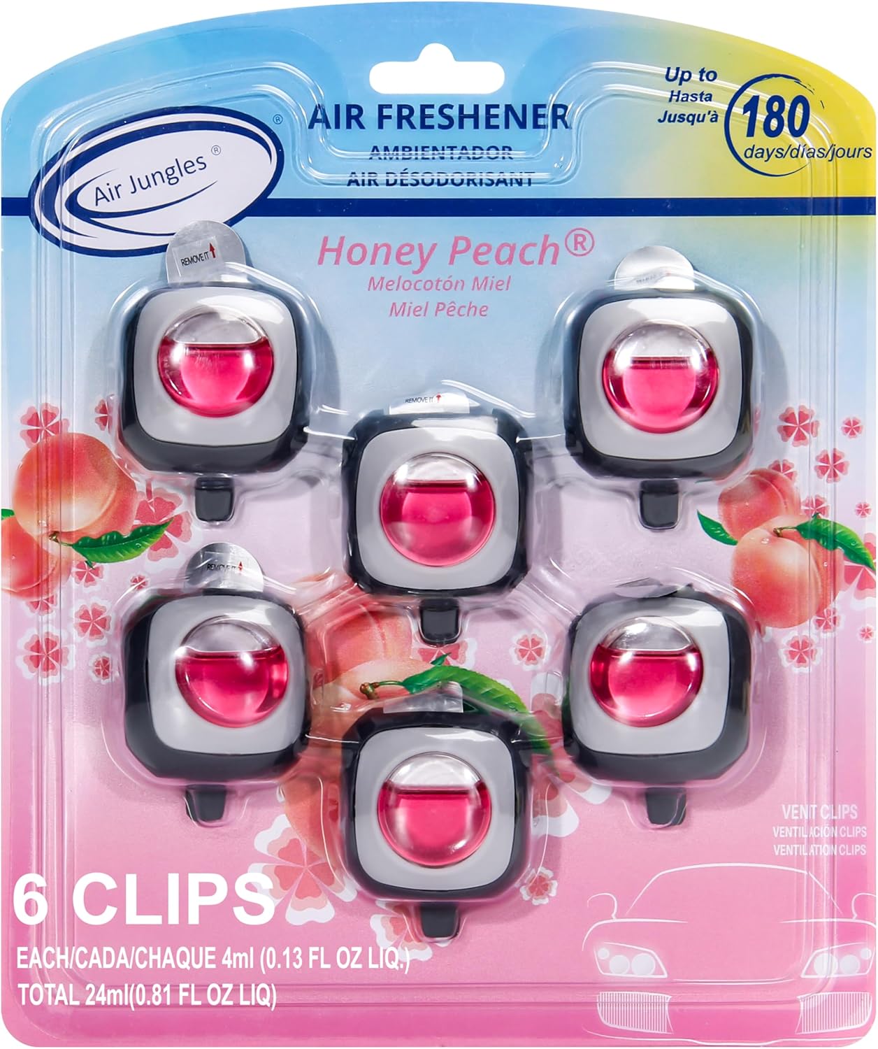 Air Jungles Honey Peach Scent Car Air Freshener Clip, 6 Vent Clips, 4ml Each, Long Lasting Air Freshener, Up to 180 Days Car Refresher Odor Eliminator