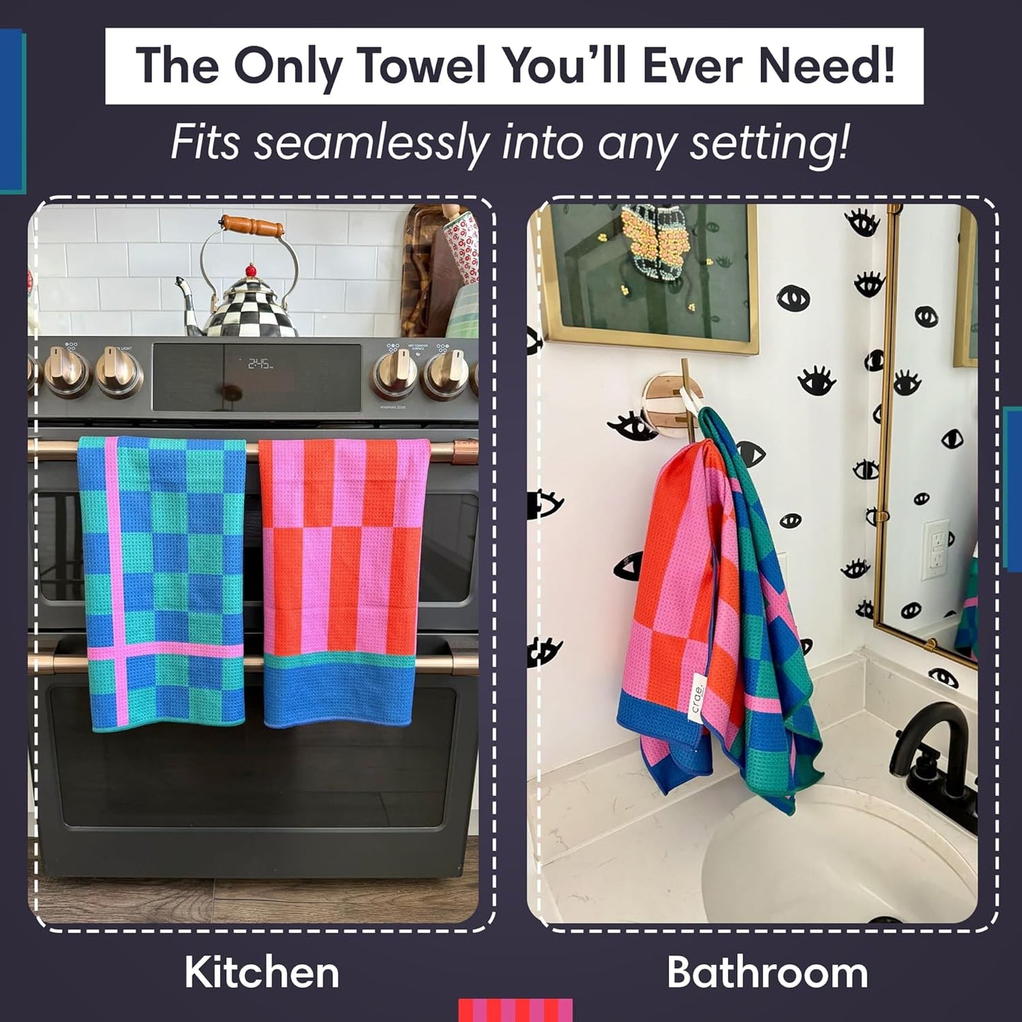 Microfiber Hand Towel & Washcloth Set of 2 - Double-Sided, Waffle Weave, Super Absorbent, Lint-Free, Fast Drying - Stars & Stripes Pattern for Bathroom, Kitchen, Car, and Window Cleaning