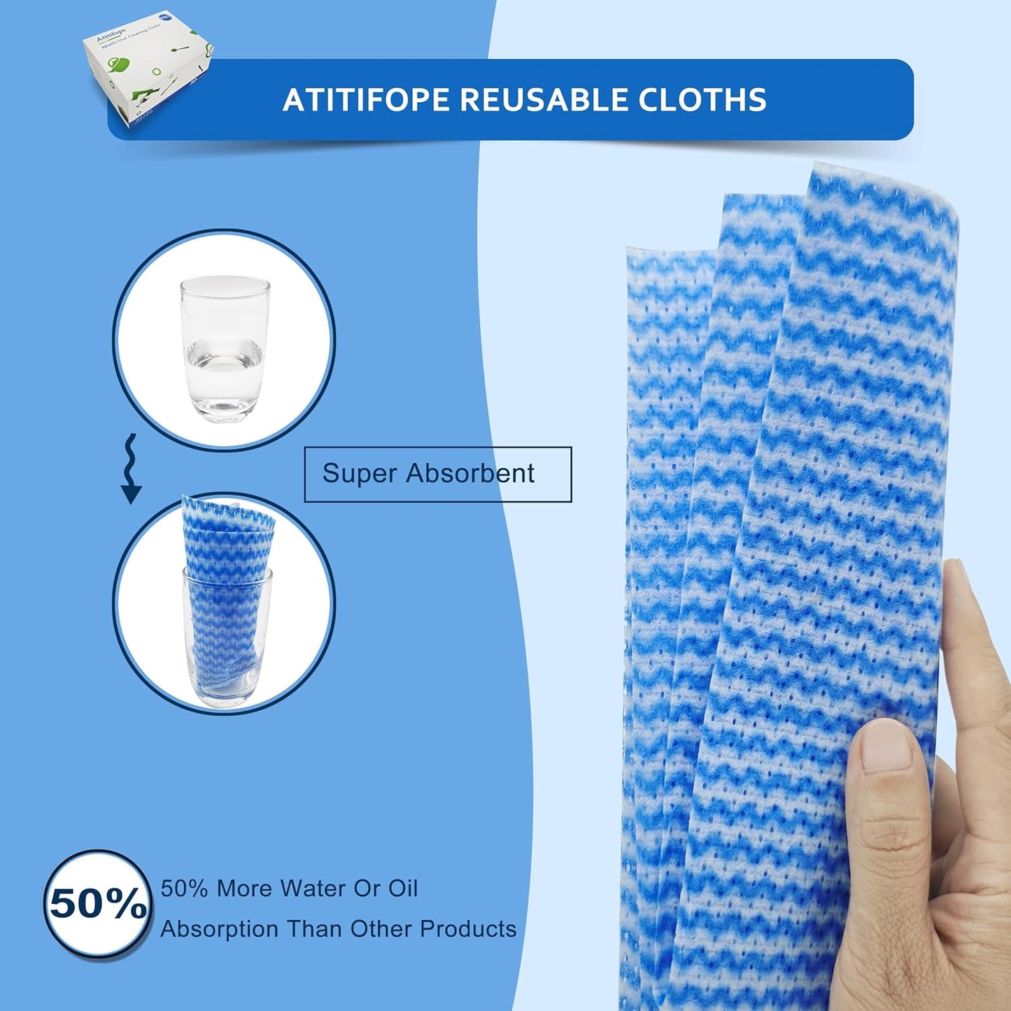 Multi-Use Reusable Cloths - Heavy Duty Wipes for Kitchen, Bathroom & Car (50 Count (Pack of 1))