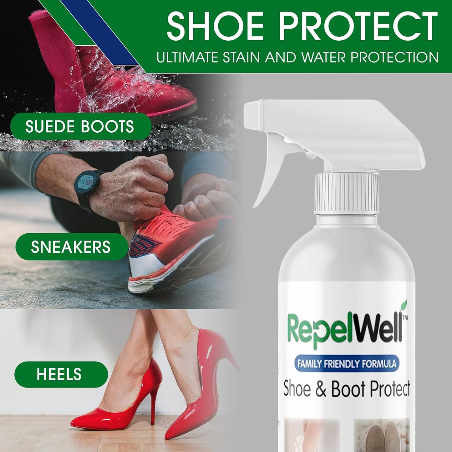 Shoe & Boot Stain & Water Repellent (12oz) Eco-Friendly, Pet-Safe Spray Keeps Fabric, Leather & Suede Clean & Dry