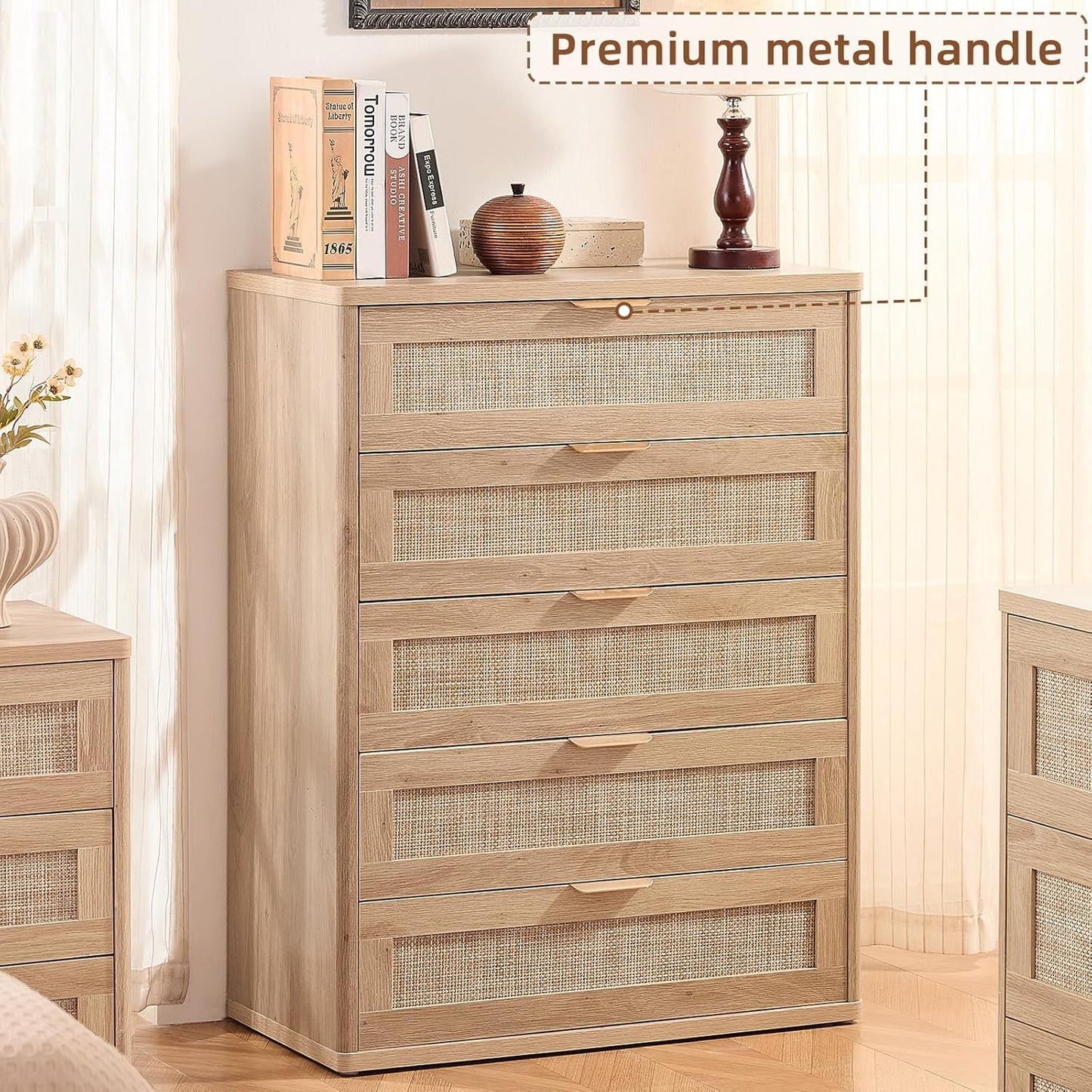 LEYAOYAO Rattan Dresser for Bedroom Set 2, 41" Tall Chest of Drawers, Modern 5 Drawers Boho Dressers with Storage, Light Oak Dresser Wooden Closet Organizer for Living Room, Hallway, Natural Wood