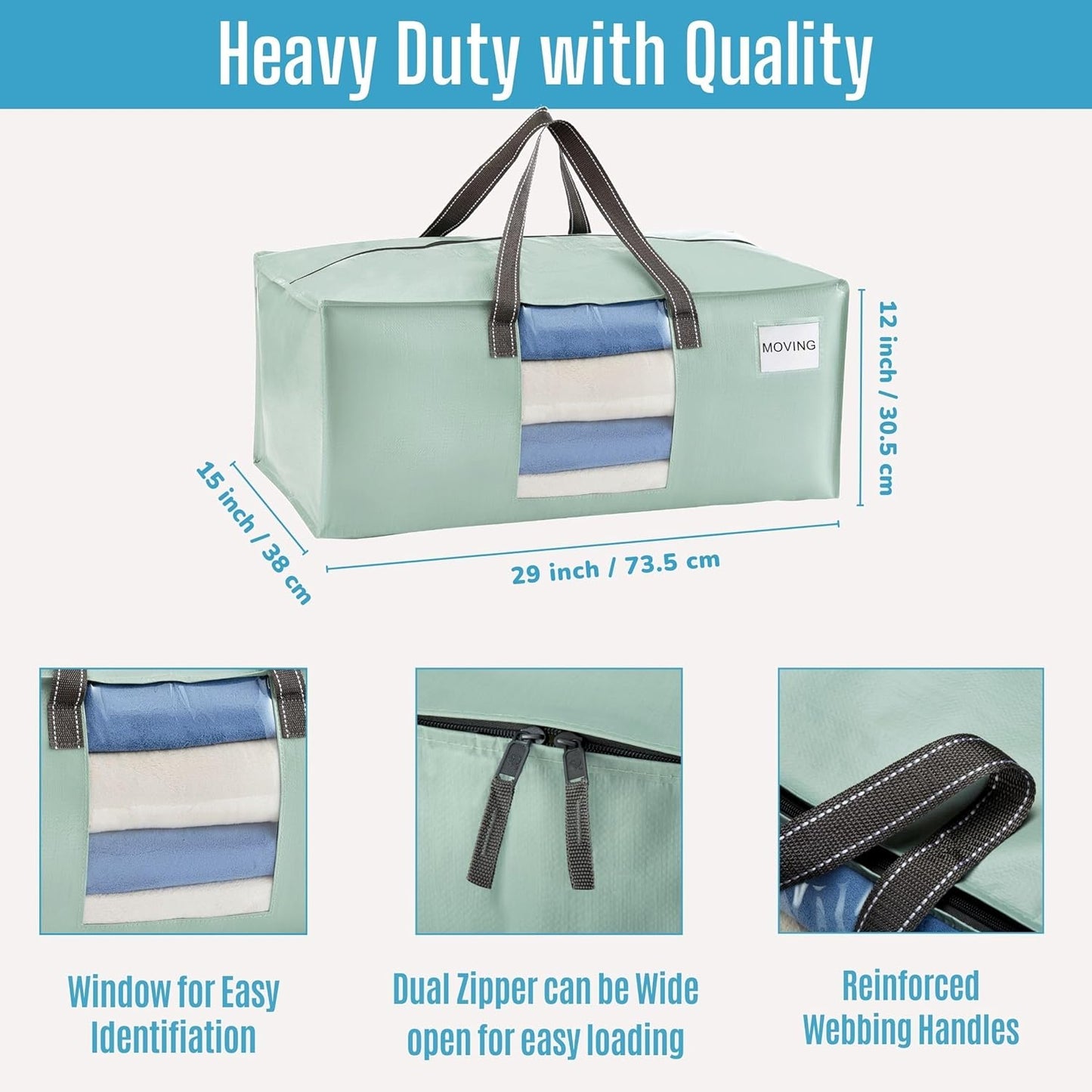 VENO 2 Pack Moving Bags for College, Heavy-Duty Storage Totes, Moving Boxes and Wardrobe Packing Supplies Alternative - Extra Large Durable Laundry Bags for Clothes (Shiny Light Green, 2 Pack)