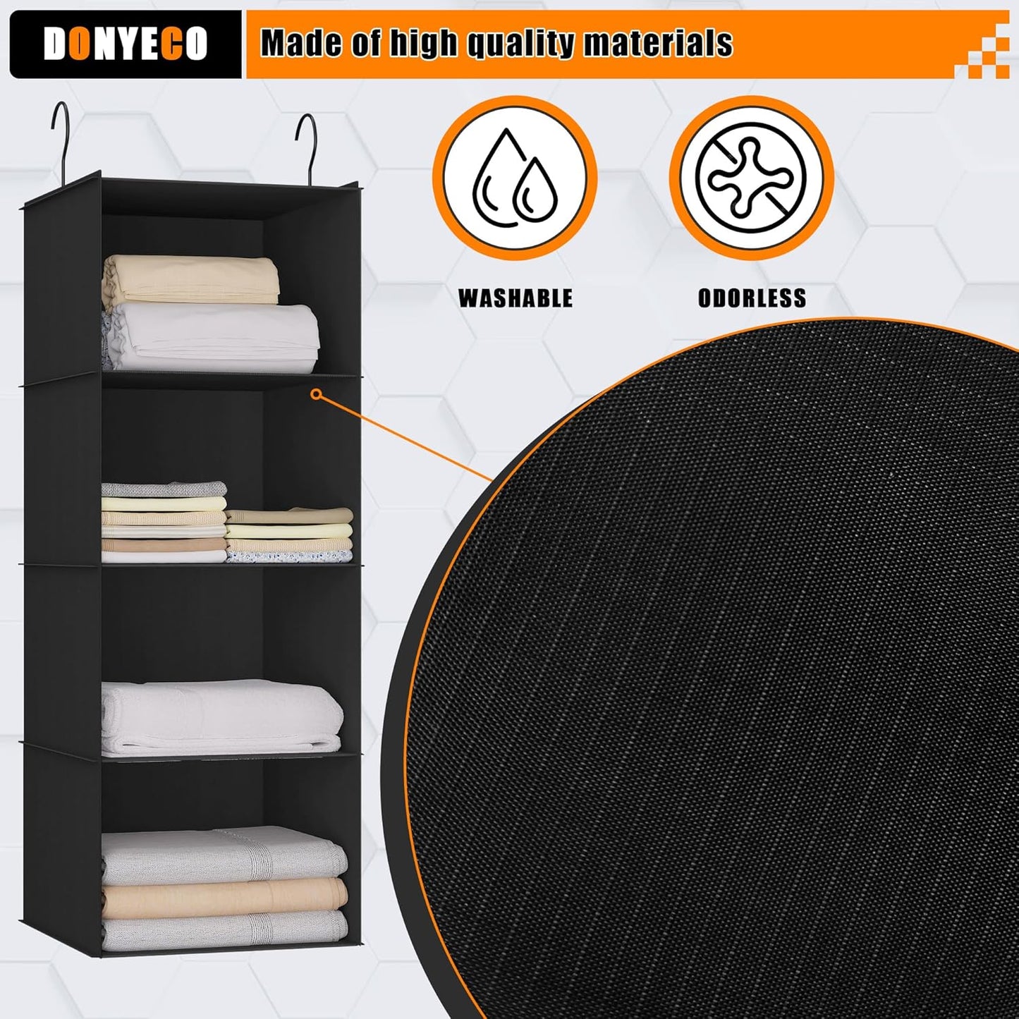 Hanging Closet Organizer, Easy Mount Foldable 4-Shelf Hanging Closet Wardrobe Storage Shelves, Clothes Handbag Shoes Accessories Storage, Washable Oxford Cloth Fabric, Black