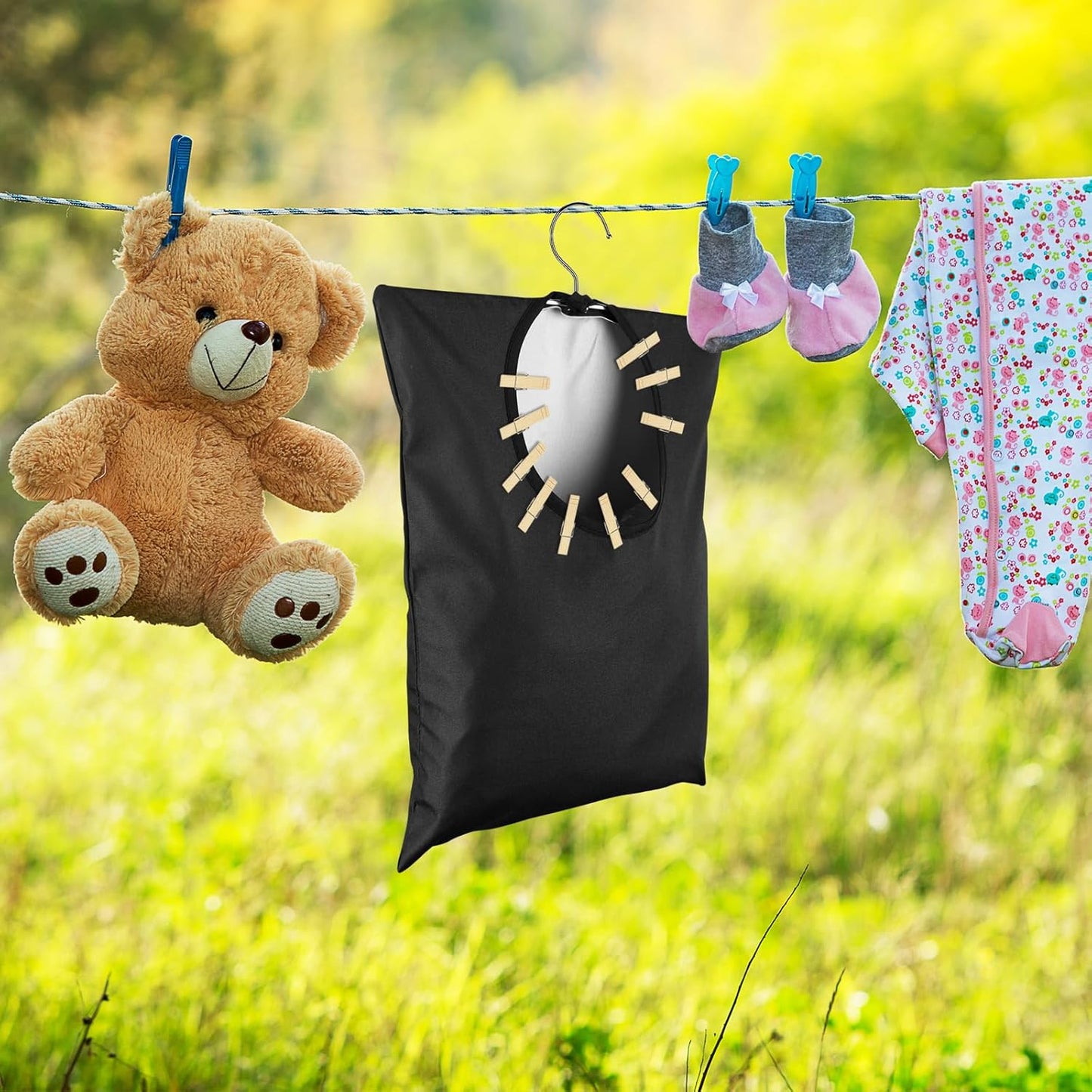 2 Pcs Clothes Pin Hanging Bag With Hook - 15 x 11 Inch Black Laundry Canvas Holder - Waterproof Storage Organizer for Clothespins