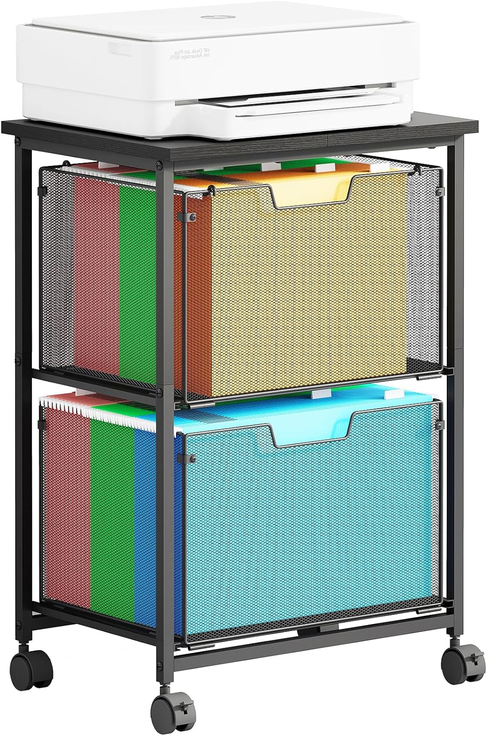 Letter/Legal Rolling File Cart with 2 Storage Drawers, Under Desk Storage, Vertical Filing Cabinet for Home Office, Hanging File Folders Organizer, Mobile Utility Cart Printer Stand, Black