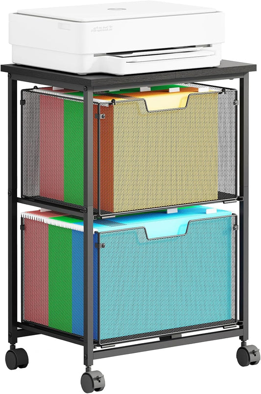 Letter/Legal Rolling File Cart with 2 Storage Drawers, Under Desk Storage, Vertical Filing Cabinet for Home Office, Hanging File Folders Organizer, Mobile Utility Cart Printer Stand, Black