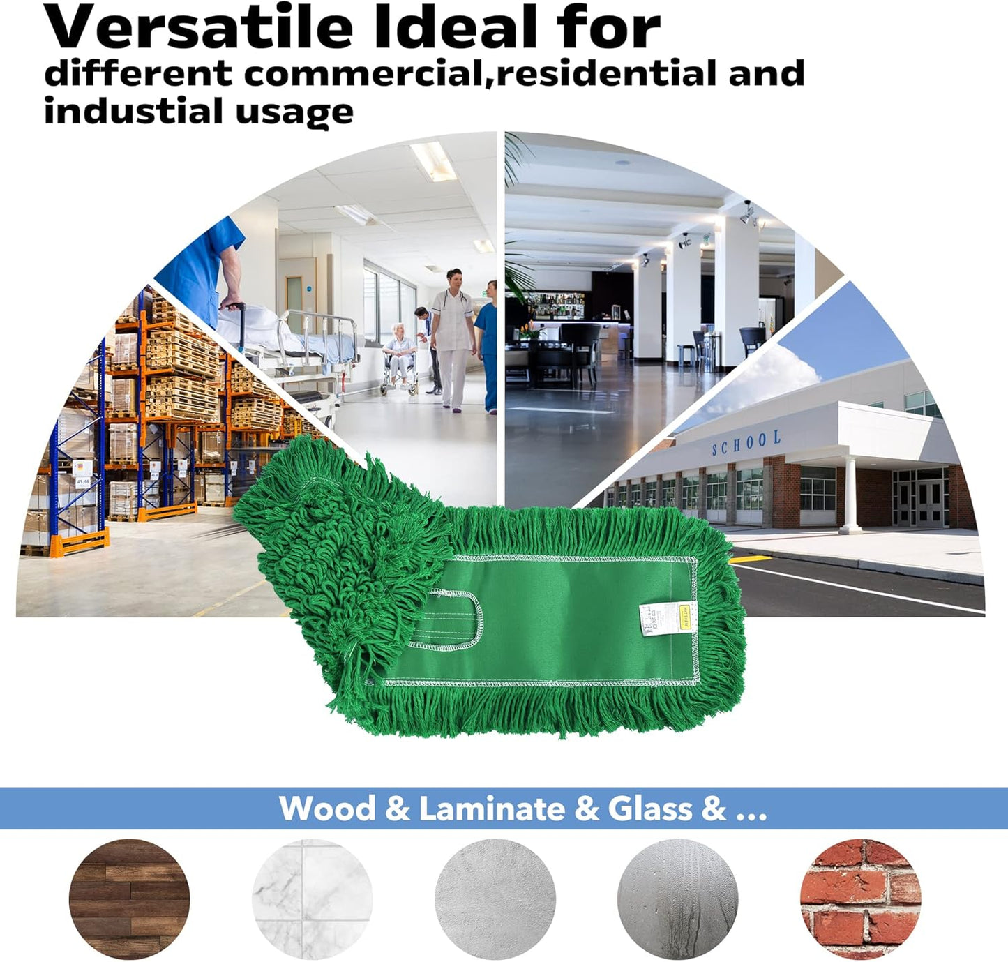 Matthew Cleaning 24'' Industrial Strength Cotton Dust Mop Refill Washable Replacement Heads for Residential & Commercial Use Fit Standard Dust Mop Frames, Hardwood,Concrete Floors Green Pack of 6