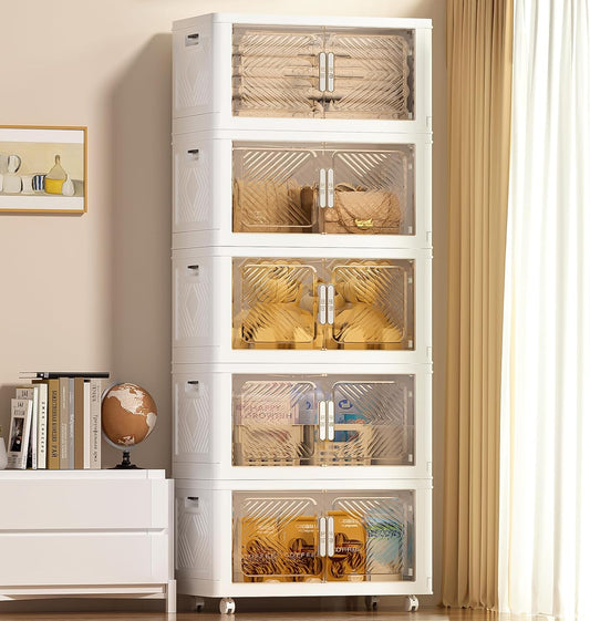 Storage Bins with Lid 76QT, Stackable Storage Containers with Wheels and Magnetic Doors, Plastic Clothes Closet Organizers and Storage Box for Pantry, Home and Office (5 Pack)