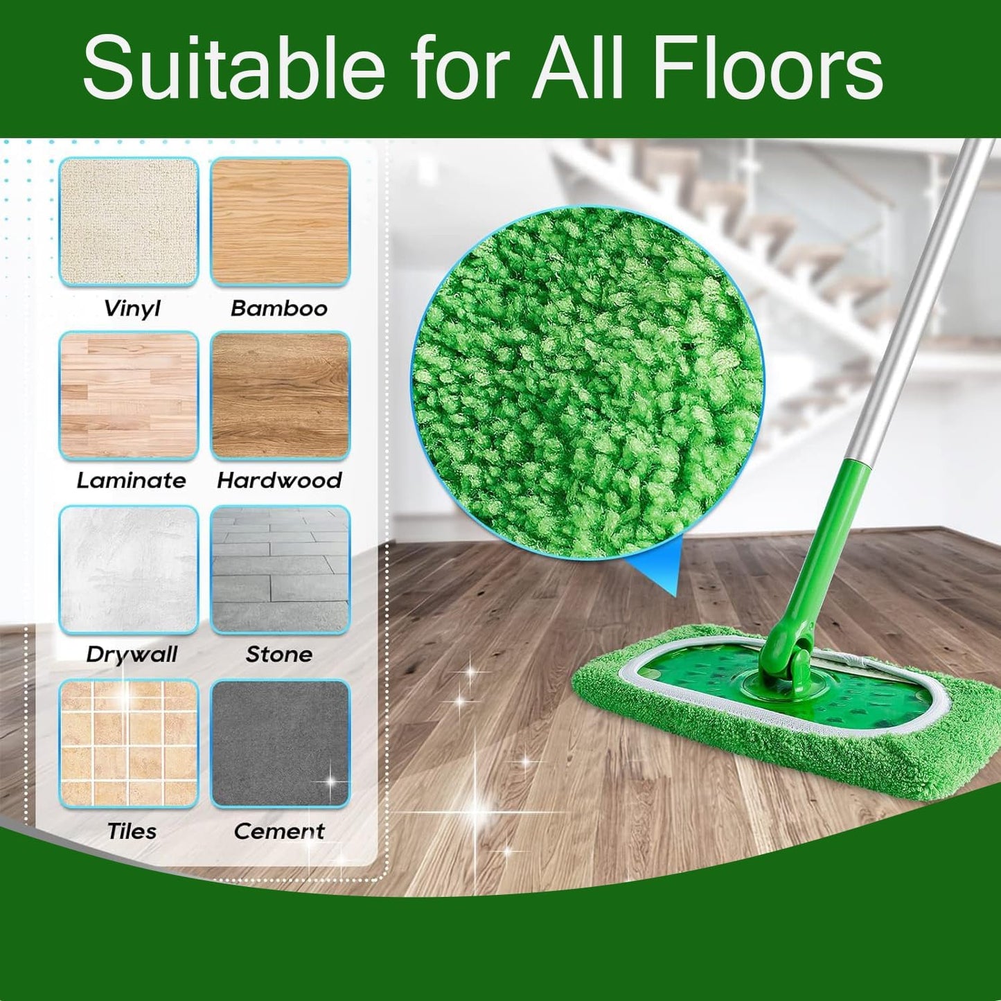 Reusable Microfiber Mop Pads Washable Wet Pads Compatible with Swiffer Sweeper Refills Pads for Wet & Dry Sweeping Cloths Mop Head Replacement for Household Cleaning (Green 6PCS)