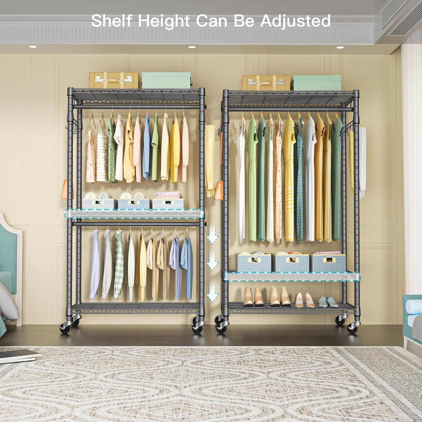 FUTASSI P1 Heavy Duty Garment Rack, 3 Tiers Adjustable Rolling Metal Closet Organizer with Lockable Wheels, FreeStanding Wardrobe with Double Hanger Rods & 1 Pair Hooks, Max Load 450 LBS, Gray