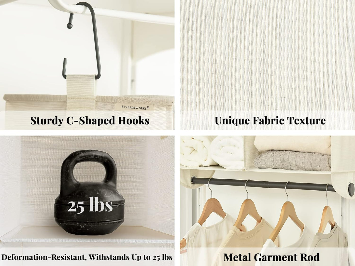 StorageWorks Hanging Closet Organizer with Metal Rod, 6-Section Closet Organizers and Storage, Collapsible Hanging Shelves for Baby Clothes, Shoes, Sweater Storage, Ivory and White