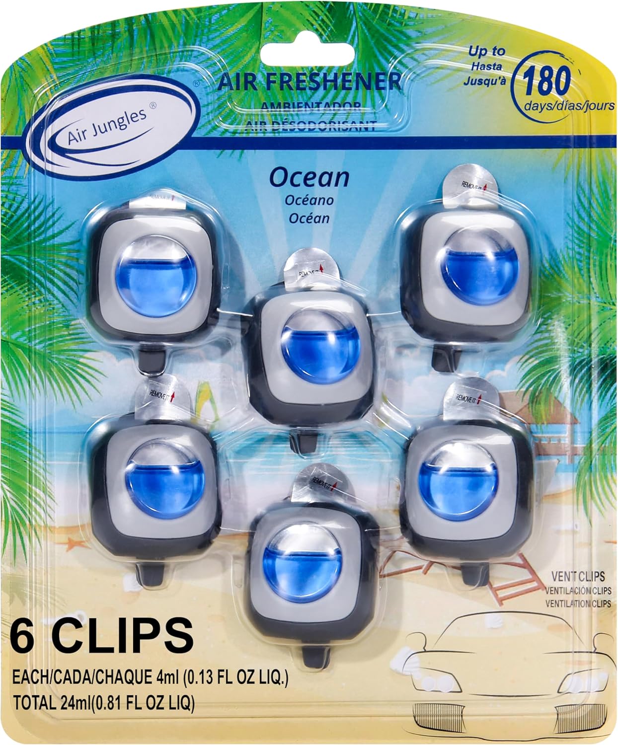 Air Jungles Ocean Scent Car Air Freshener Clip, 6 Vent Clips, 4ml Each, Long Lasting Air Freshener, Up to 180 Days Car Refresher Odor Eliminator