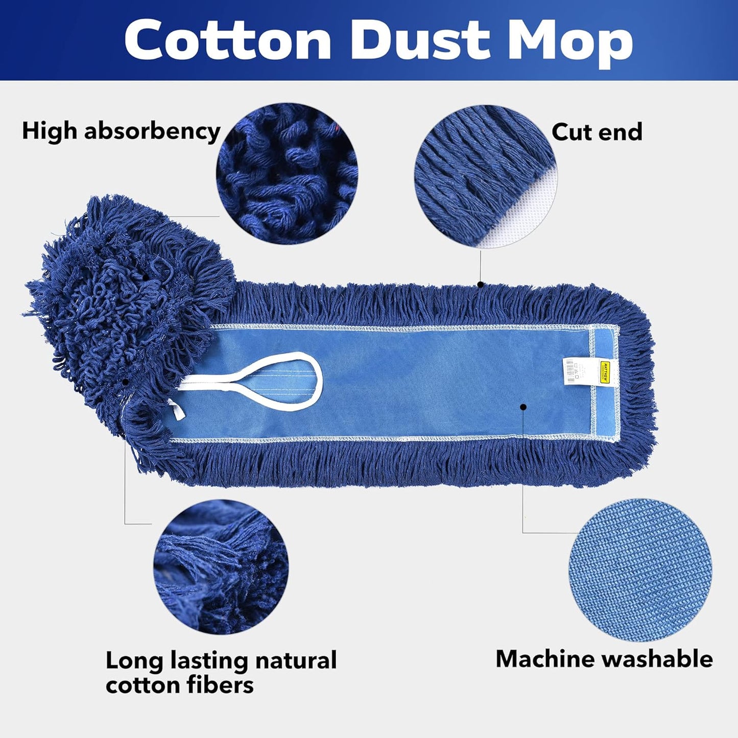 MATTHEW CLEANING 24'' Industrial Strength Cotton Dust Mop Refill Washable Replacement Heads For Residential & Commercial Use Fit Standard Dust Mop Frames, Hardwood, Laminate, Concrete Floors 1 Pack