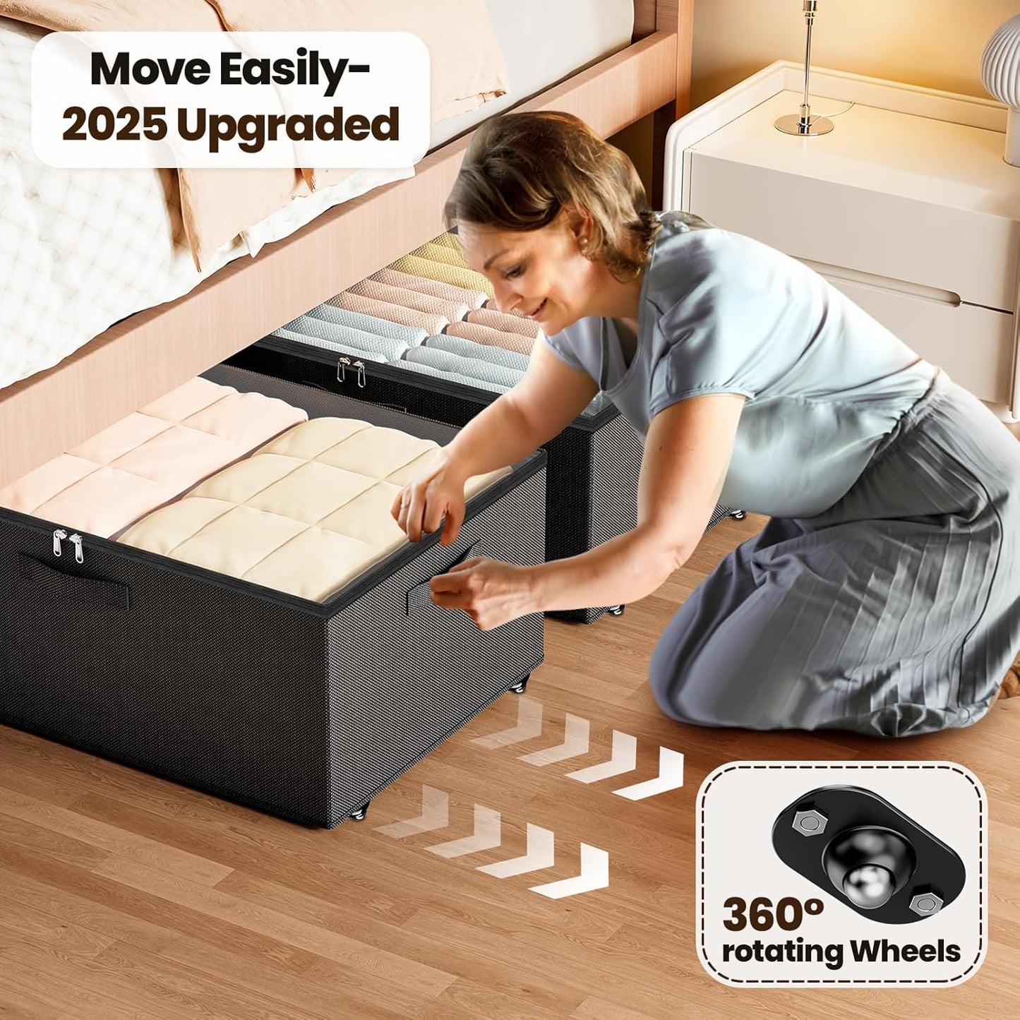 Underbed Storage with Wheels, 2 Pack Under Bed Storage Containers with Clear Lids, No Assembly Required 10.1 inch Rolling Under Bed Storage for Clothes, Blankets