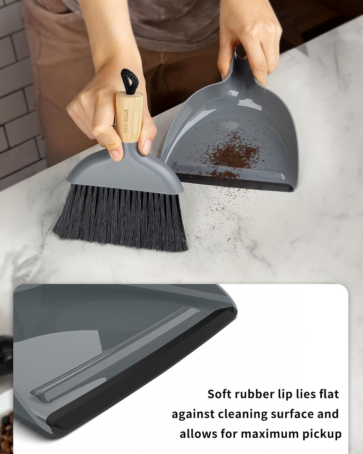MR.SIGA Mini Dustpan and Brush Set, Portable Cleaning Brush and Dustpan Combo with Bamboo Handle, Gray, 1 Set