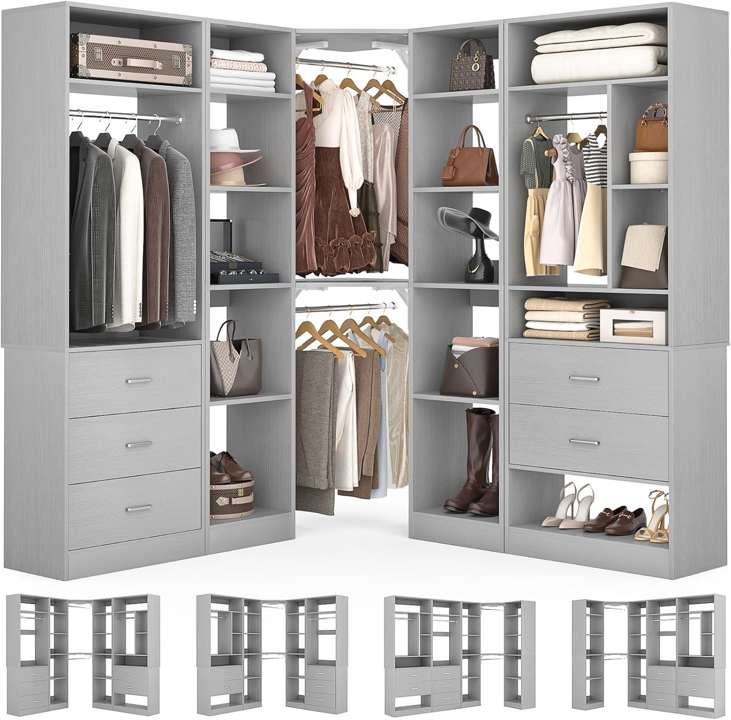 Corner Closet System with 5 Drawers, Closet Organizer System with 15+Shelvess & 4 Hanging Rods, 63.2"L * 63.2"W / 87.2"L * 39.2"W Reversible L Shaped Walk-in Closets, Load 2500+LBS, Grey