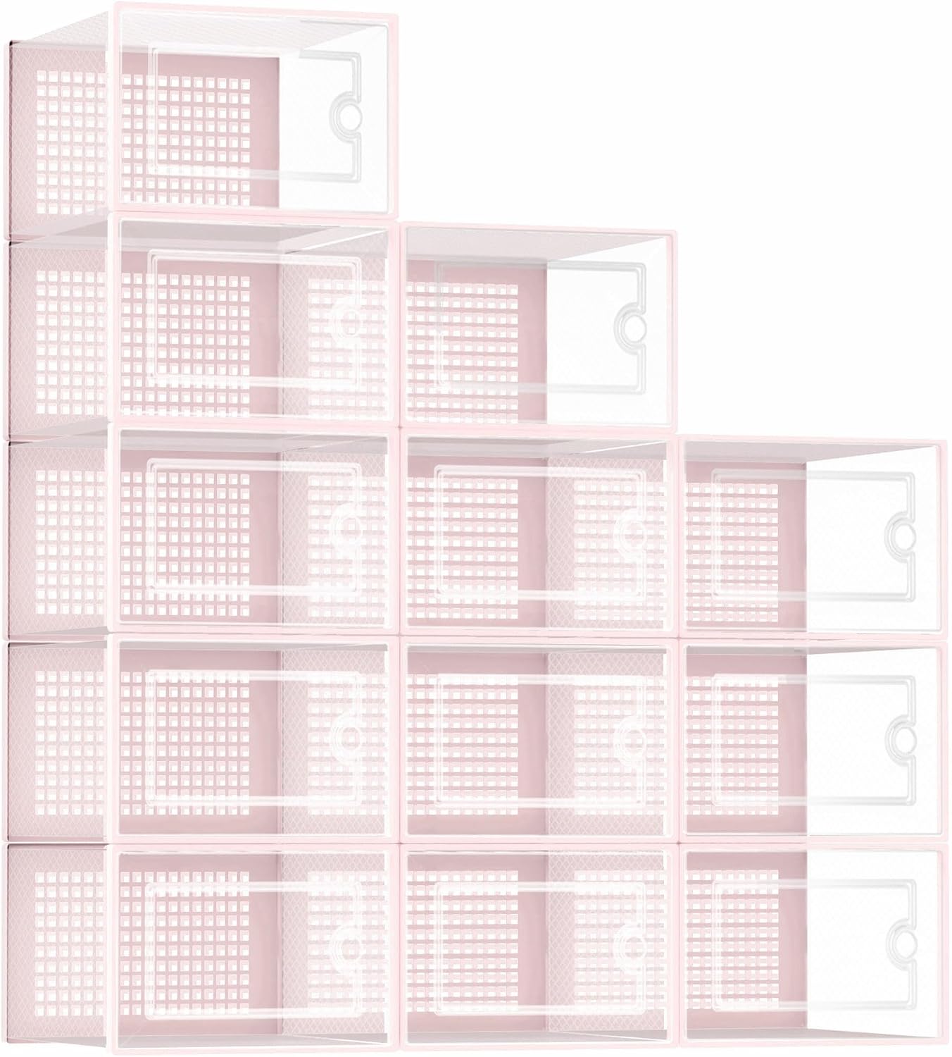 Kuject Shoe Organizers Storage Boxes for Closet, 12 Pack Clear Plastic Stackable Storage Bins with Lids, Under Bed Shoe Containers for Entryway, Drop Front, Fit up to Women's Size 10,Pink