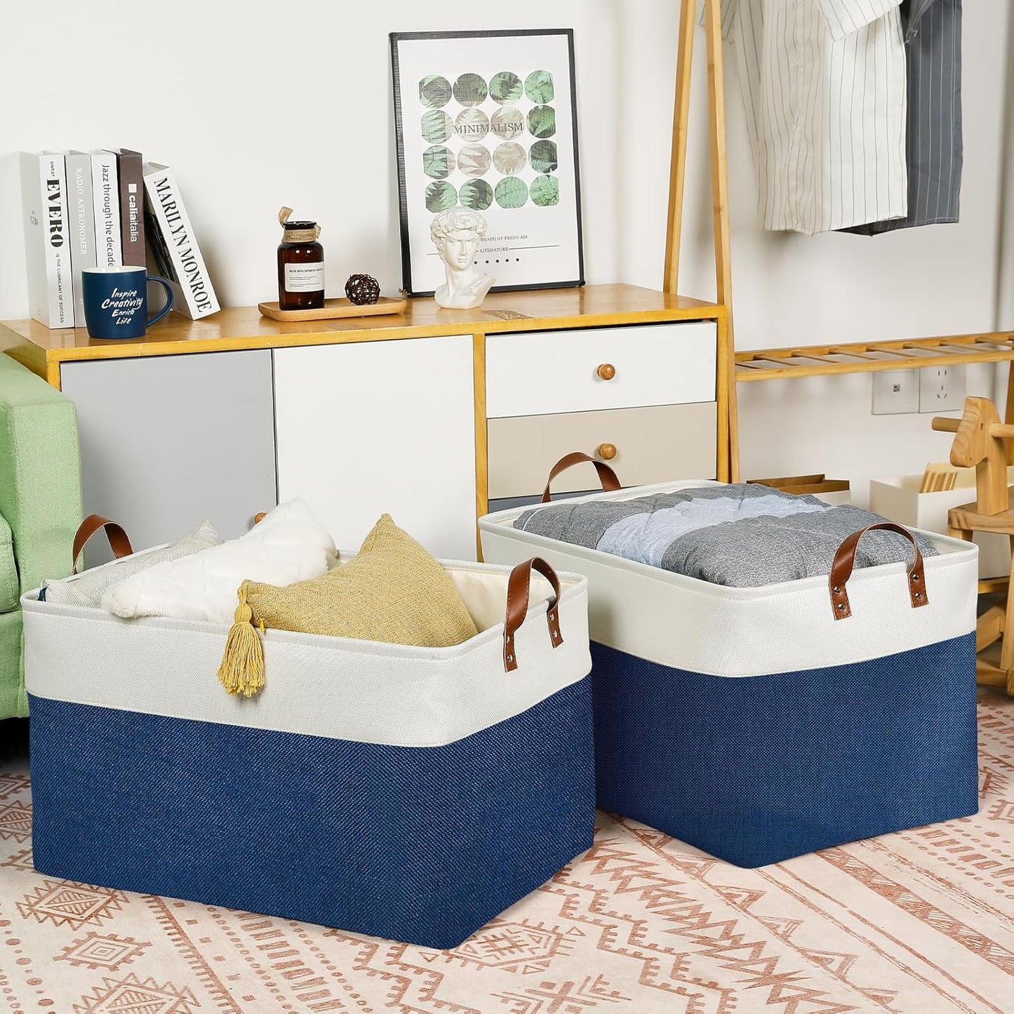 DULLEMELO 2-Pack Extra Large Blanket Basket Fabric Storage Baskets with Handles, Canvas Storage Baskets for Organizing Shelves Closet Toys Books, 22 x 15 x 13 inches(White&Blue)