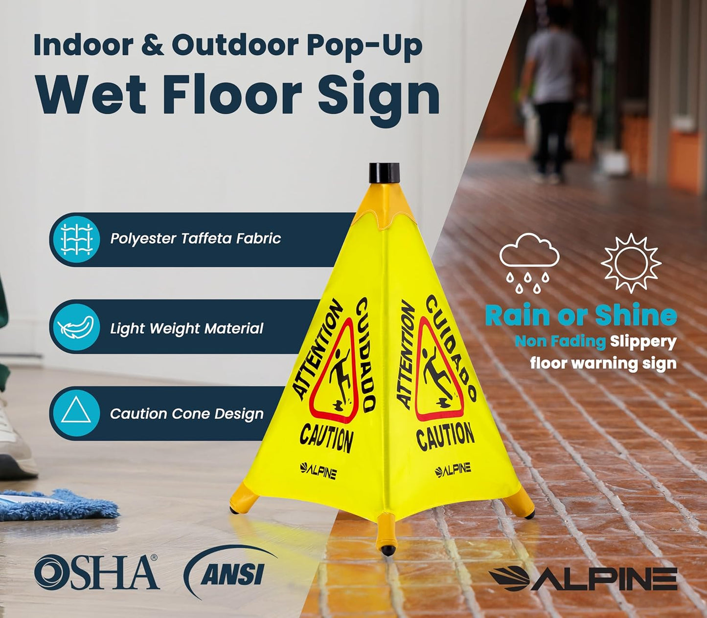 Alpine Caution Wet Floor Sign 3 Pack - Pop Up Slippery When Wet Sign, Wall Mounted Foldable Bilingual Yellow Safety Warning Caution Cone for Commercial & Office Use (20 Inches)