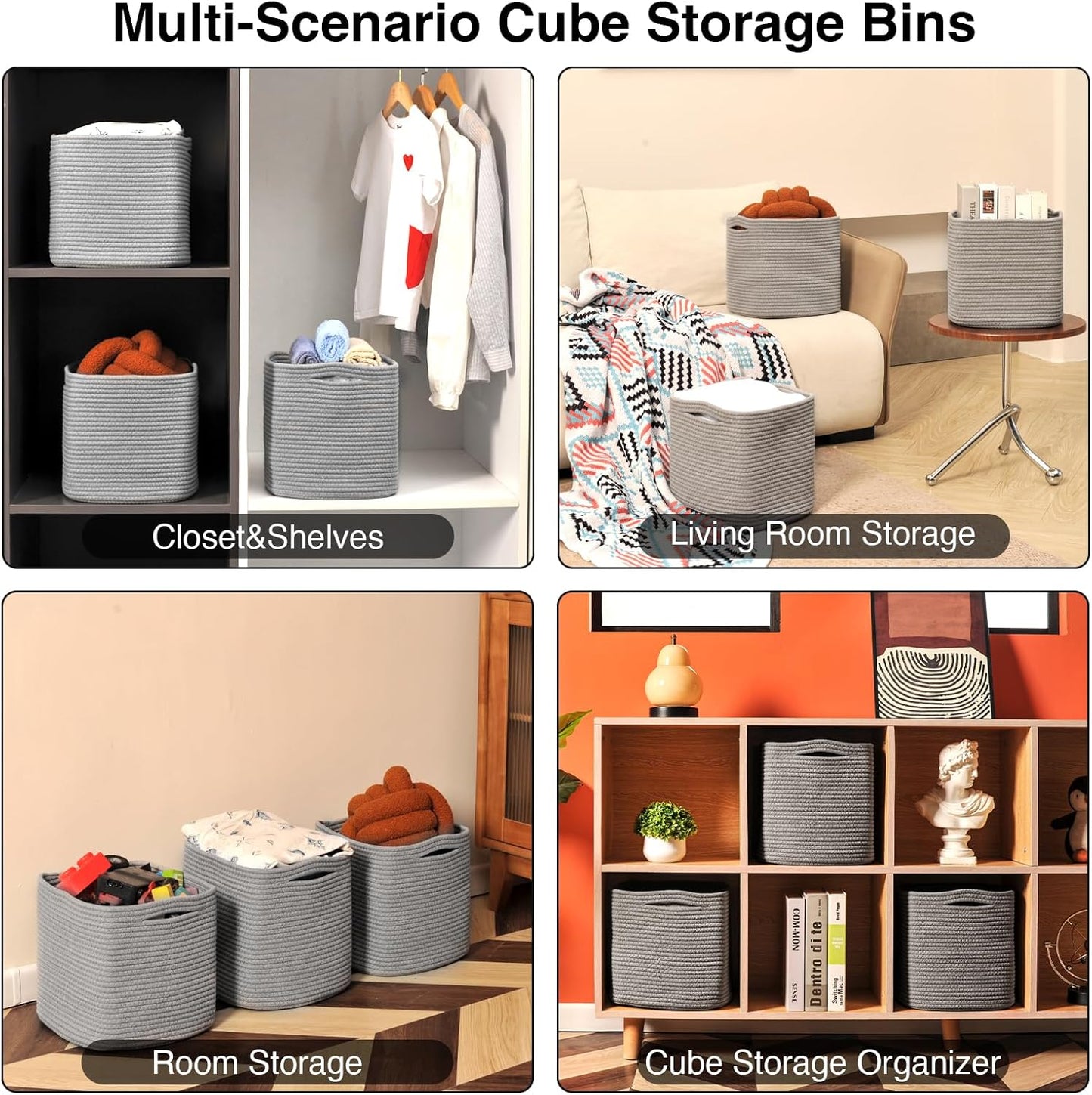 11 Inch Cube Storage Bins, Storage Cube Organizer Bins, Woven Cotton Rope Basket for Storage, Storage Baskets for Organizing Shelves, Grey Baskets for Toys Nursery, Grey (Pack of 3)