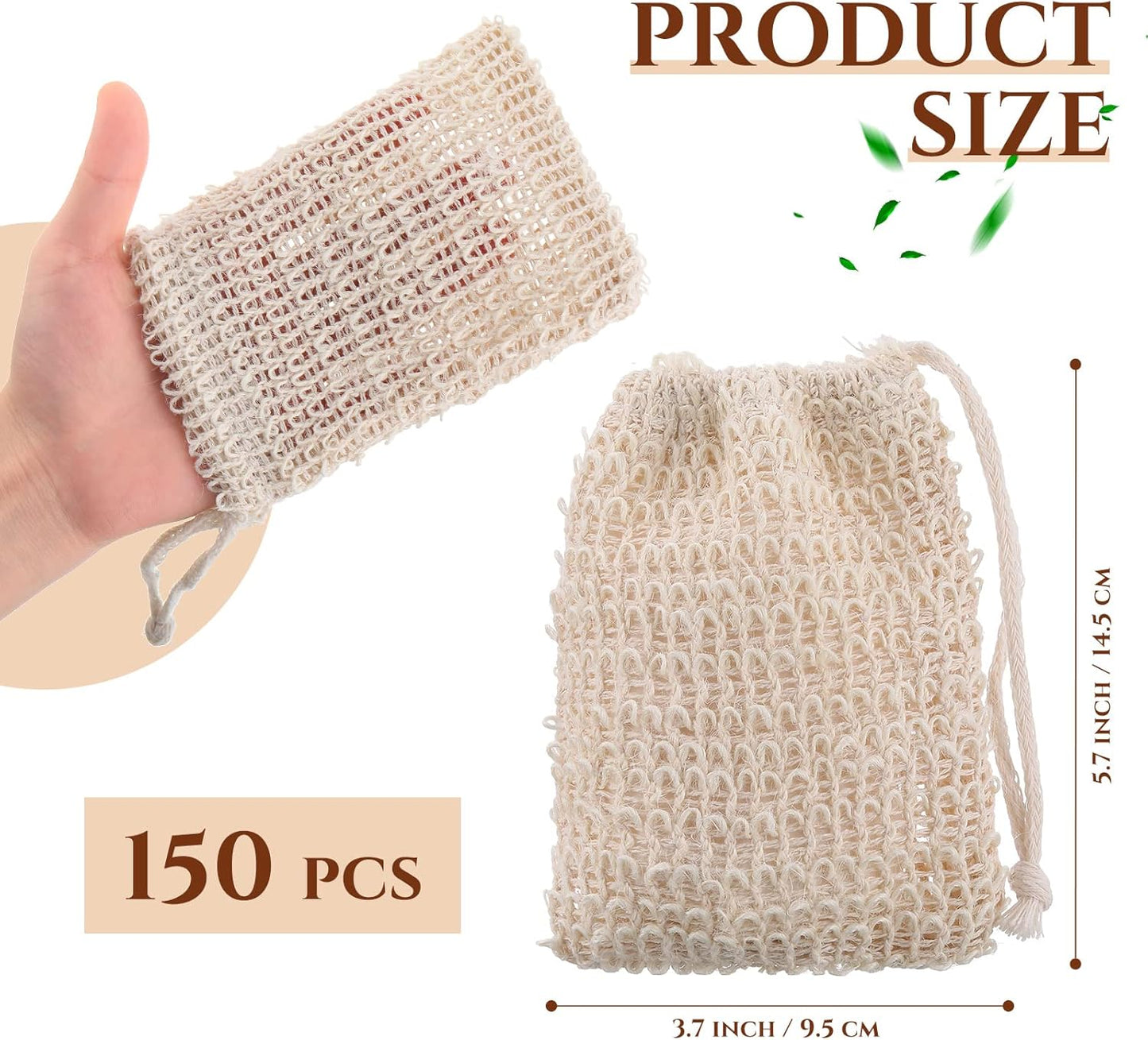 Rtteri 150 Pcs Soap Exfoliating Bag, Natural Sisal Soap Pouch Saver Body Shower Bar Mesh Body Net with Drawstring for Foaming and Drying