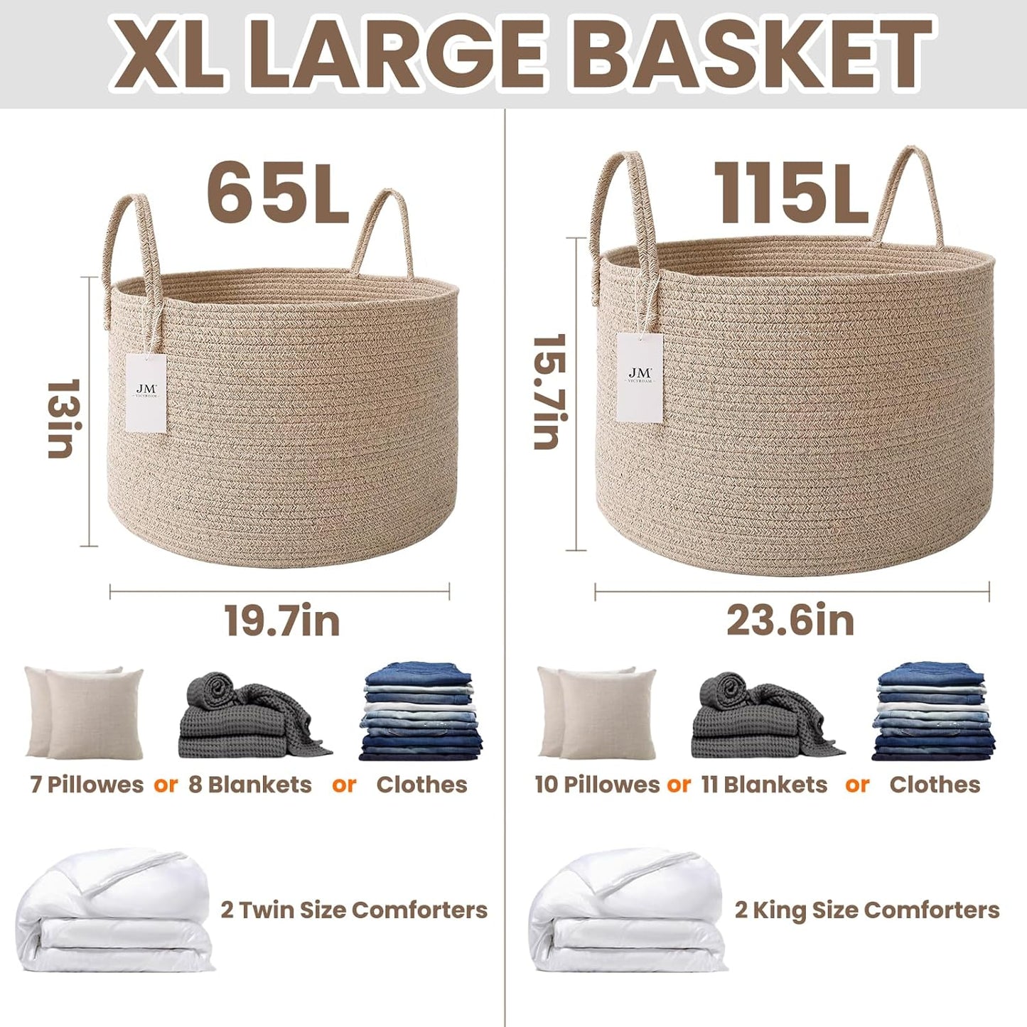 Woven Blanket Basket,115L Large Rope Storage Bin with Handles, Organizer for Blankets Toys Book and Clothes, Laundry Basket for Living Room Bedroom Nursery,Oatmeal