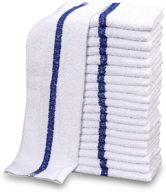 GOLD TEXTILES New Cotton Blend White Restaurant Bar Mops Kitchen Towels (36, Blue Stripe)